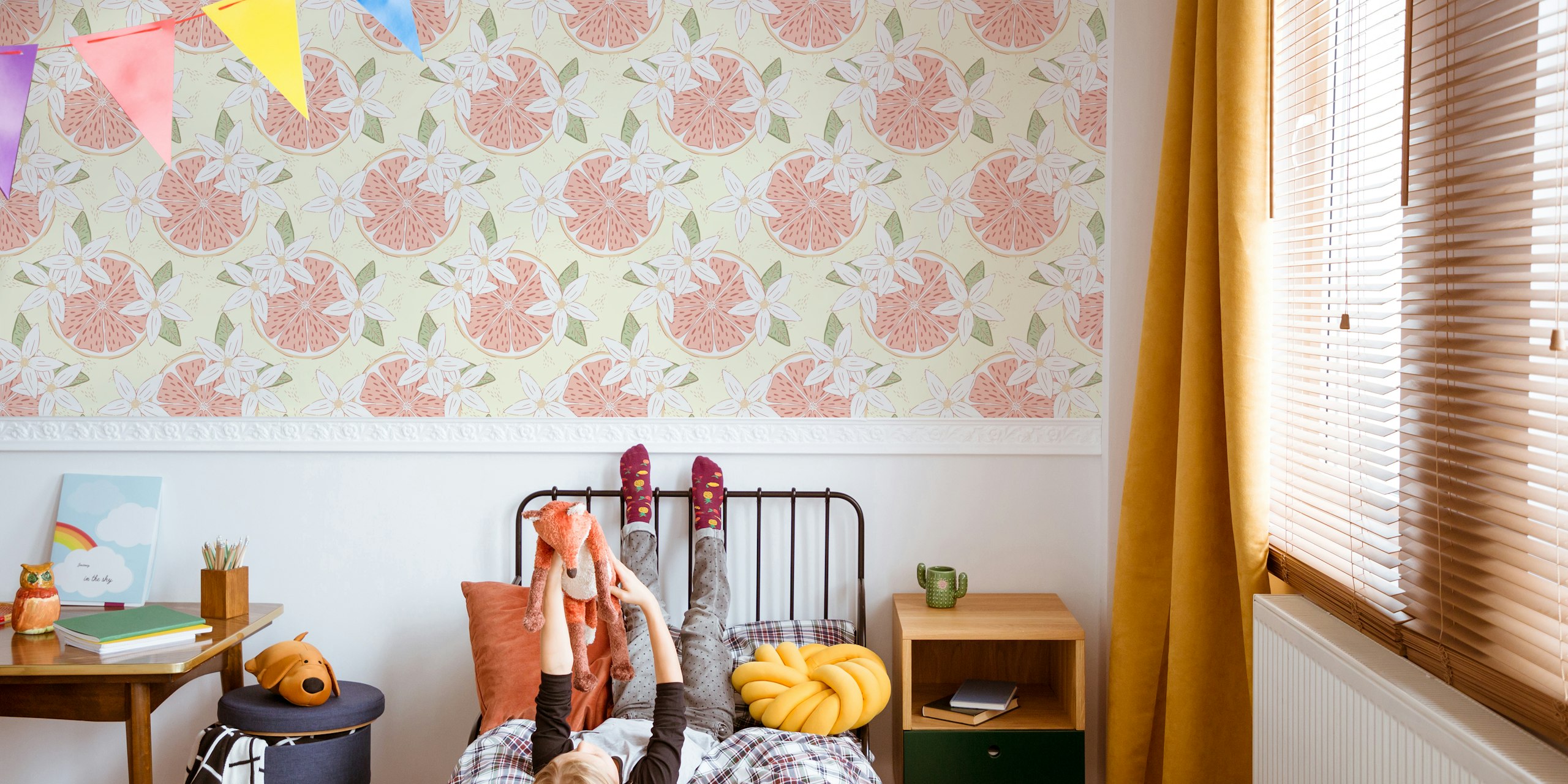 Grapefruit Blossoms wallpaper displayed in a room