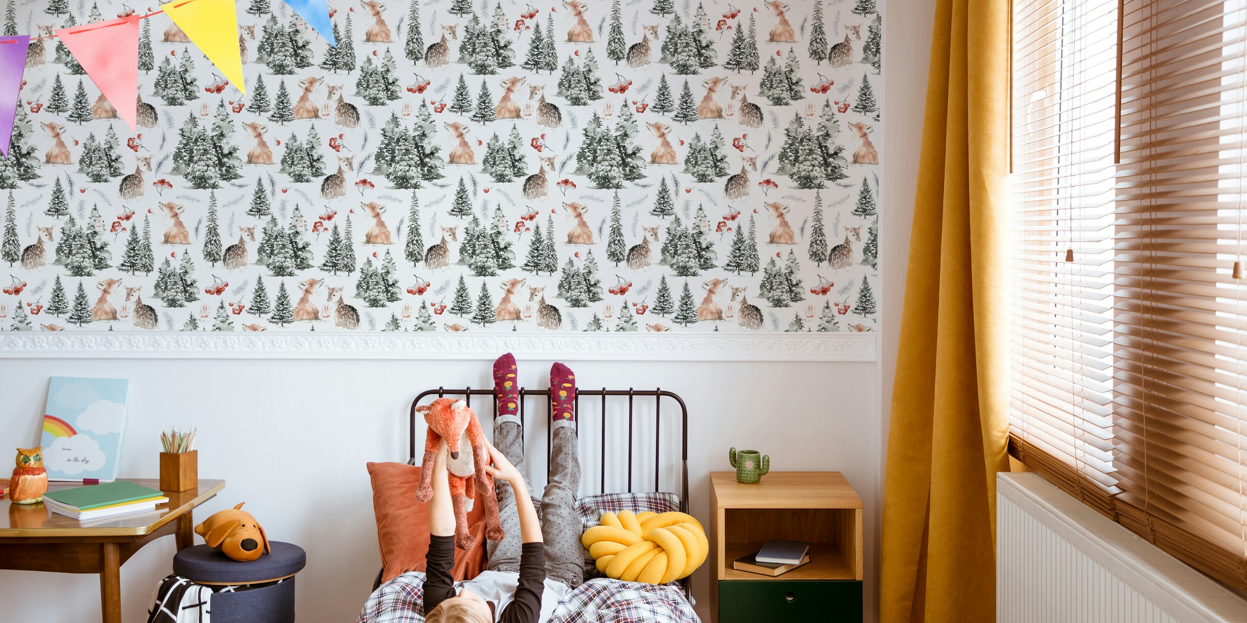 Wild woodland animal babies wallpaper in a room