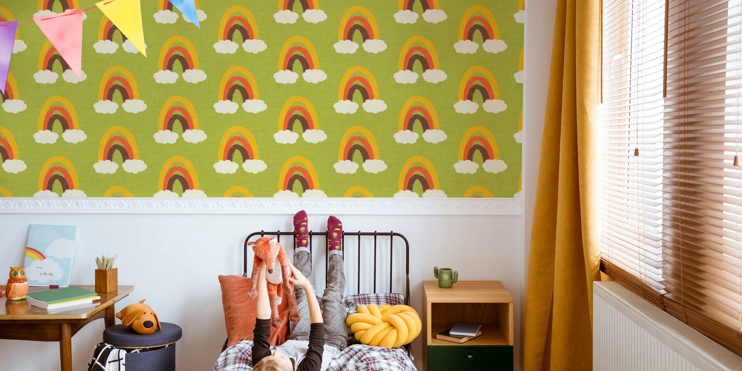 Groovy 70s Cute Rainbow with clouds em um quarto