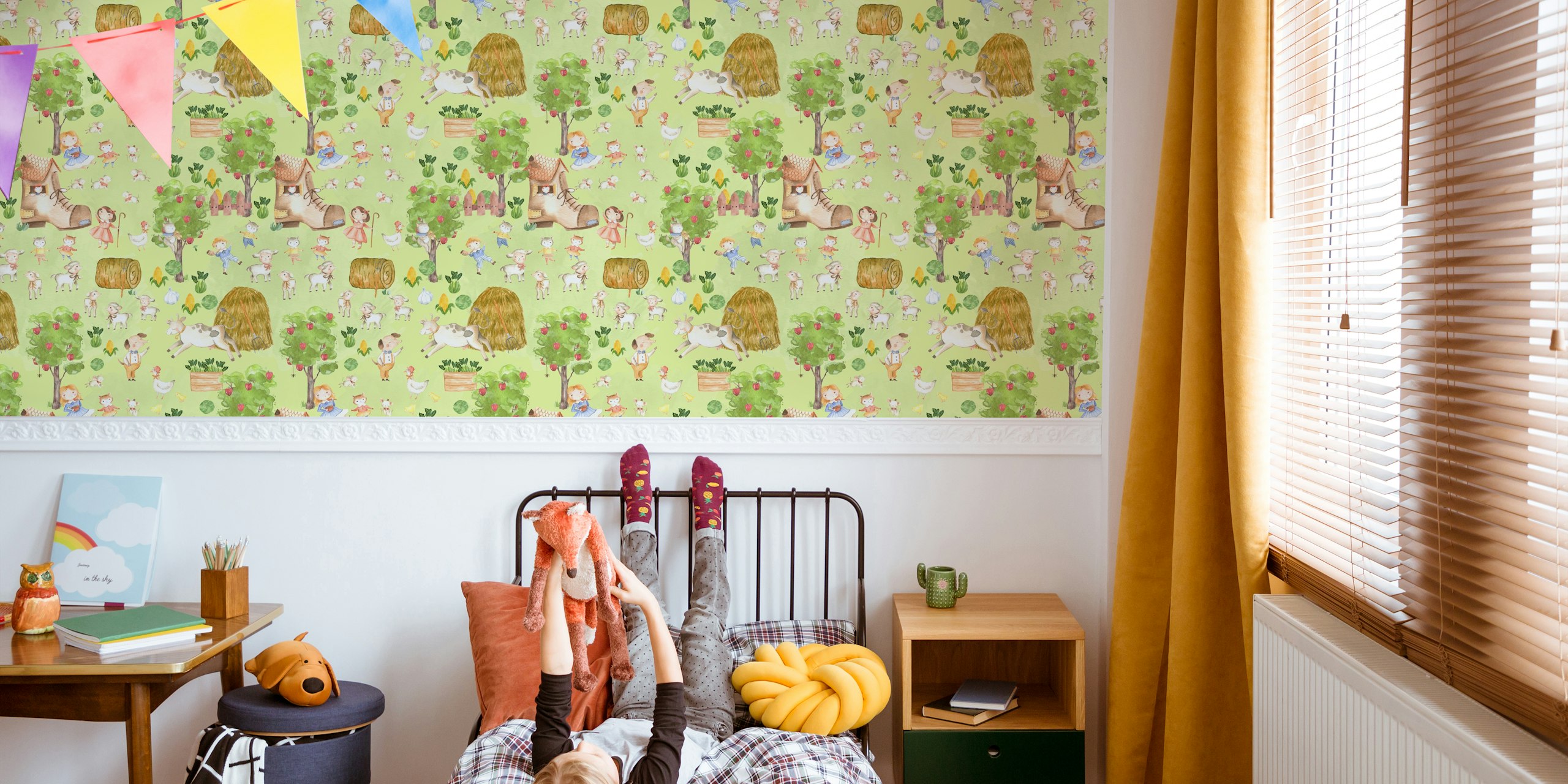 Whimsical Mary Had a Little Lamb wallpaper in a room