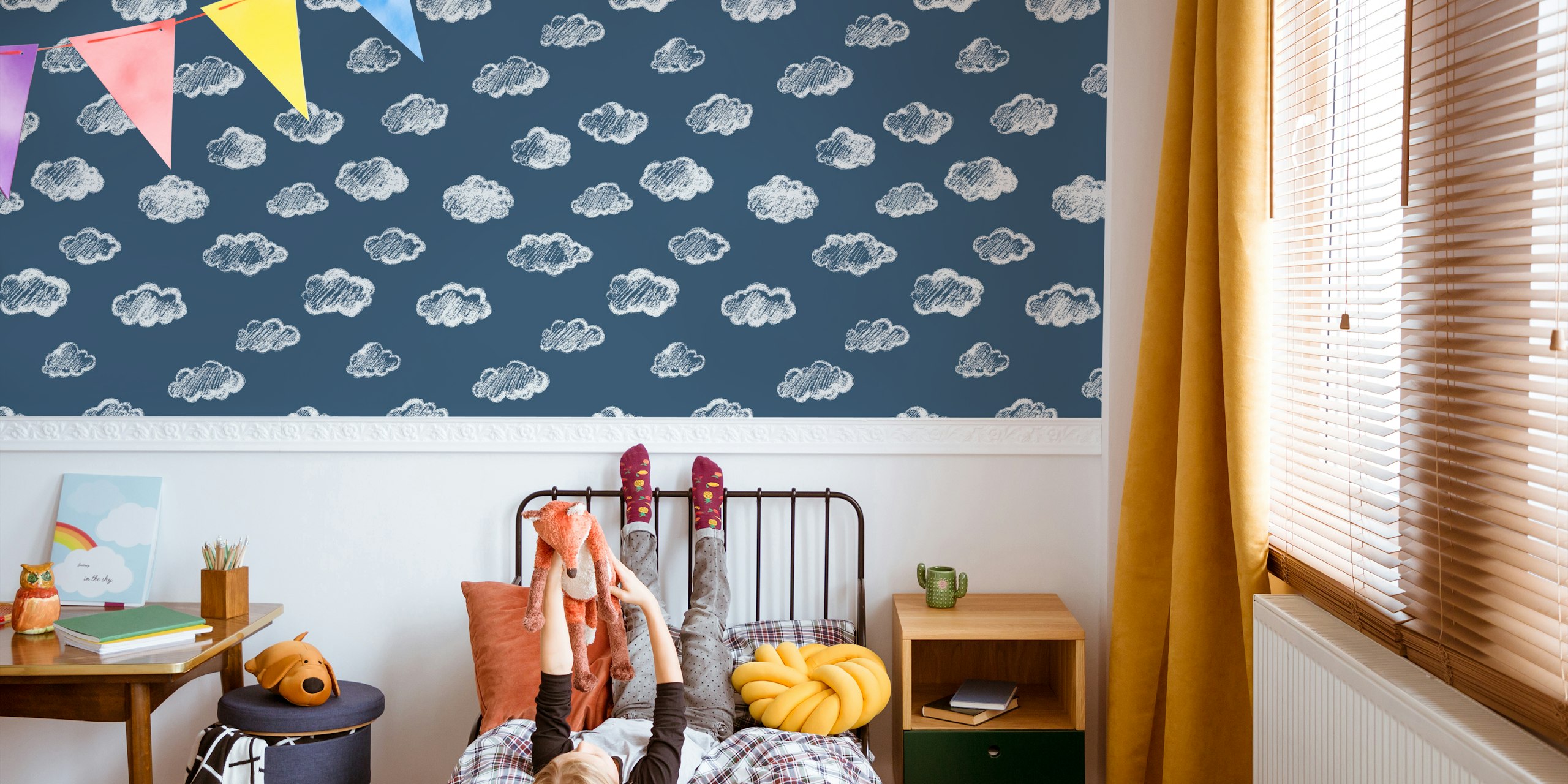 Chalk clouds pattern wallpaper in a room