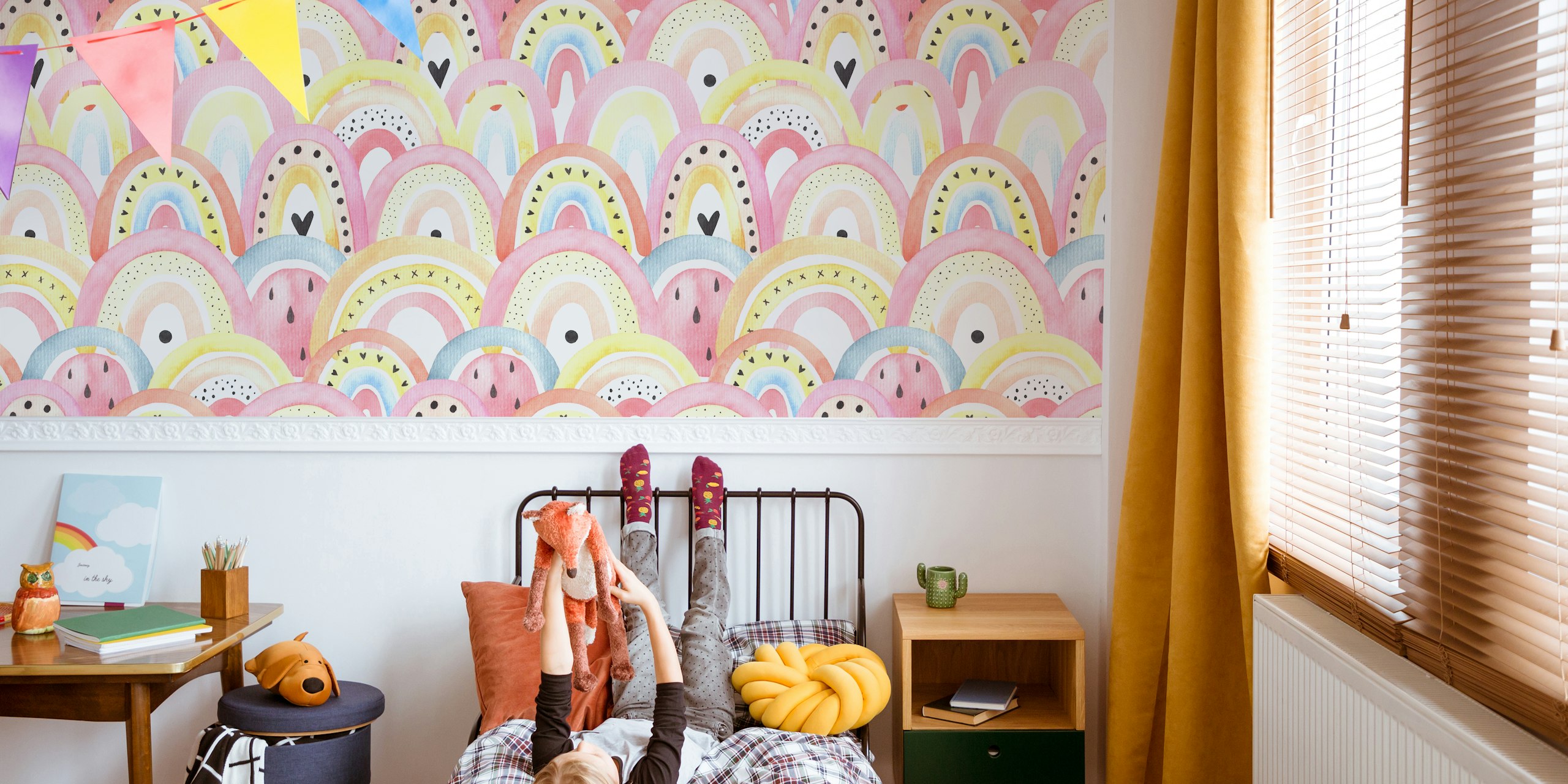 Colorful pastel rainbow patterns with polka dots and hearts wall mural