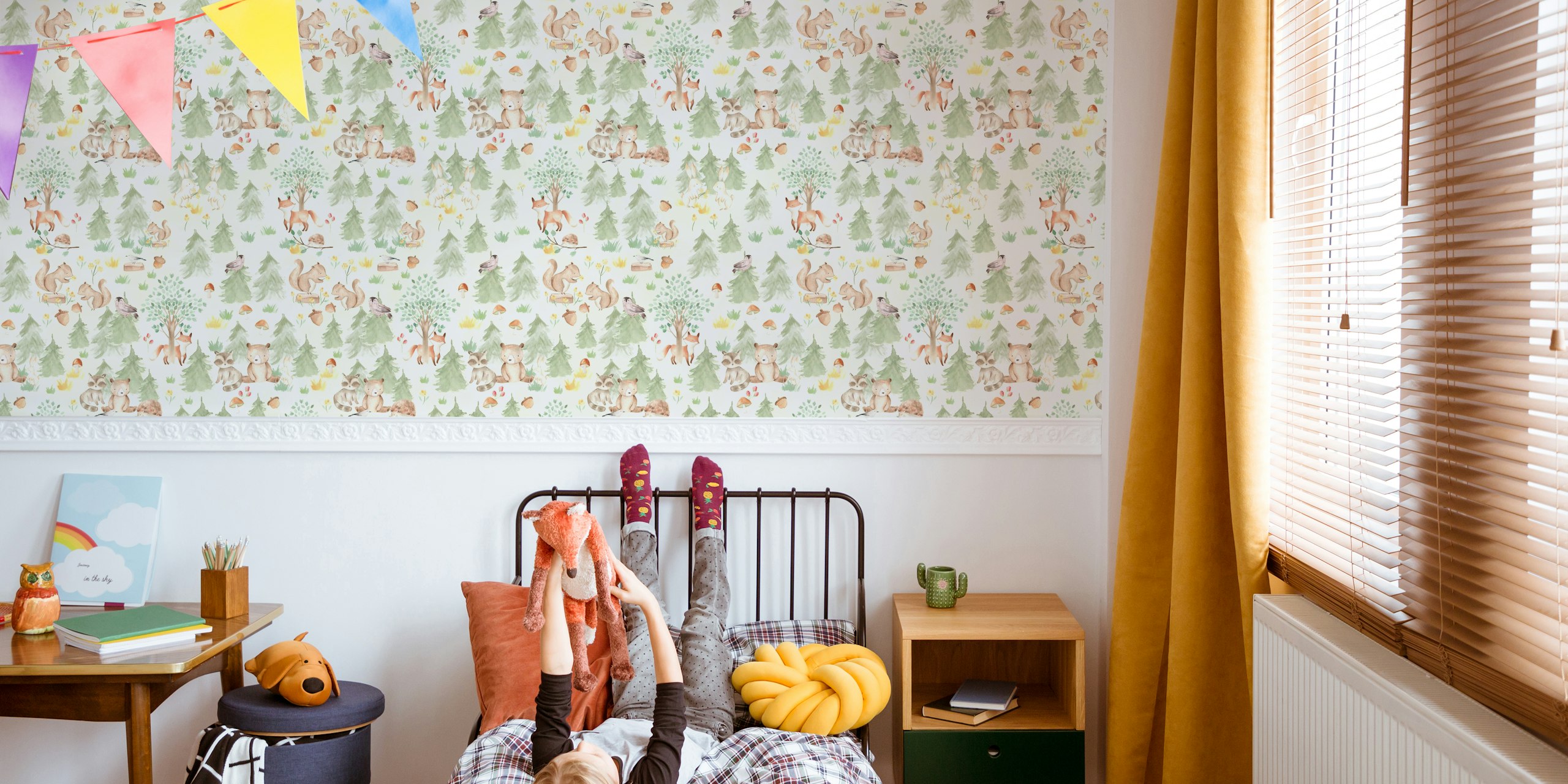 Woodland friends like bears, rabbits, and squirrels in a green forest wallpaper