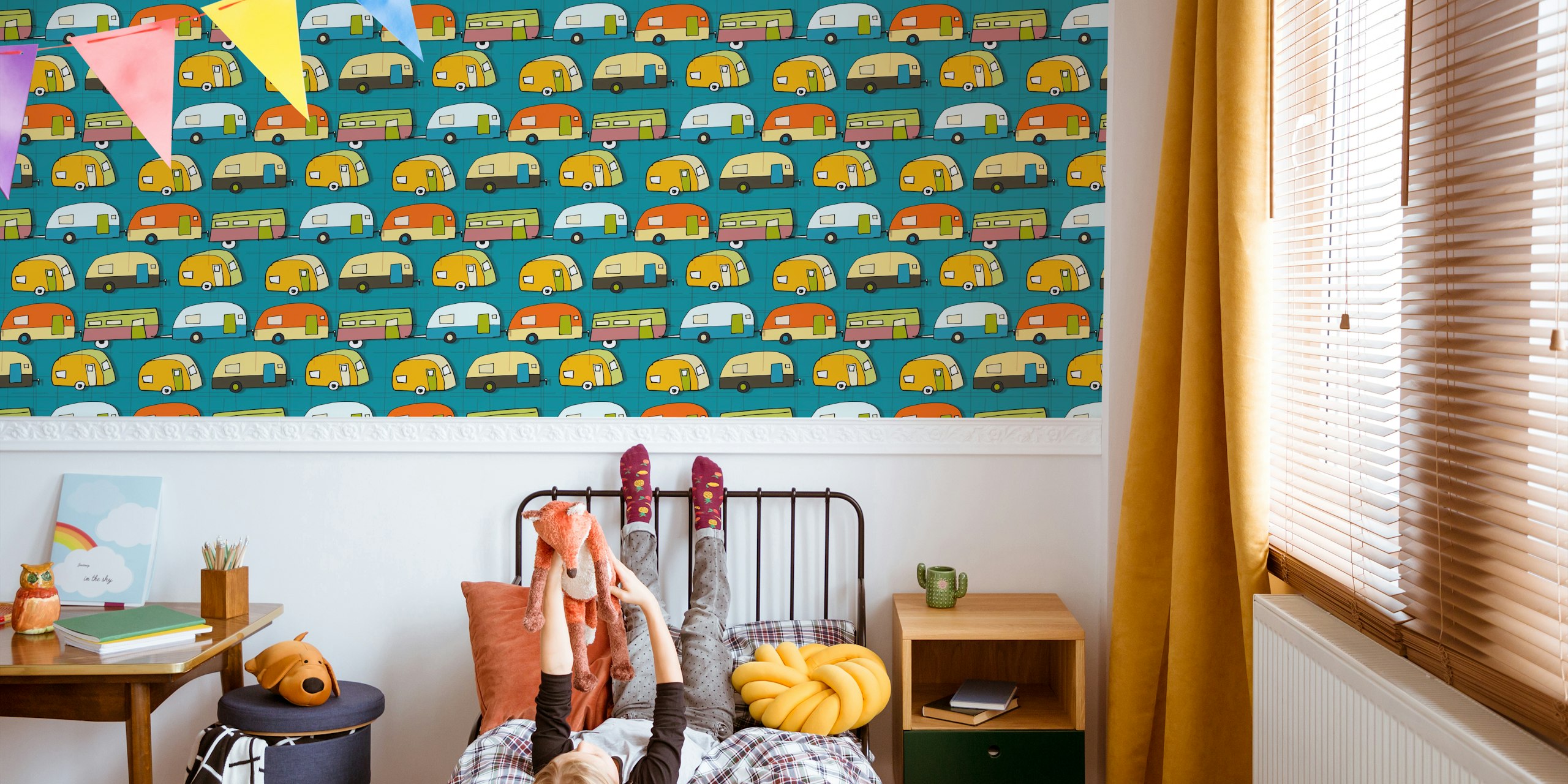 Návrh tapety Retro Campers Teal v pokoji