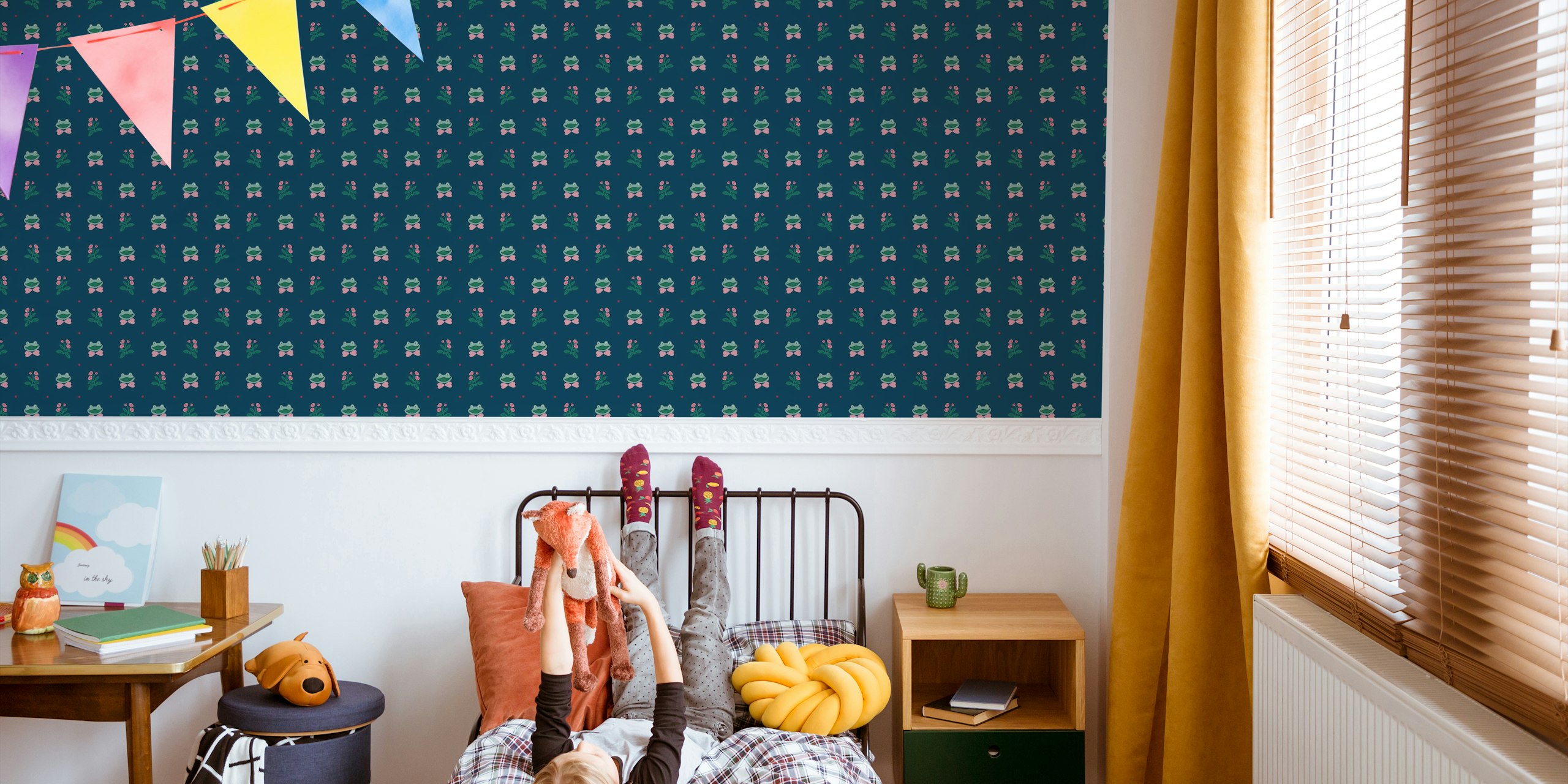 Navy frog and pink flower pattern wallpaper
