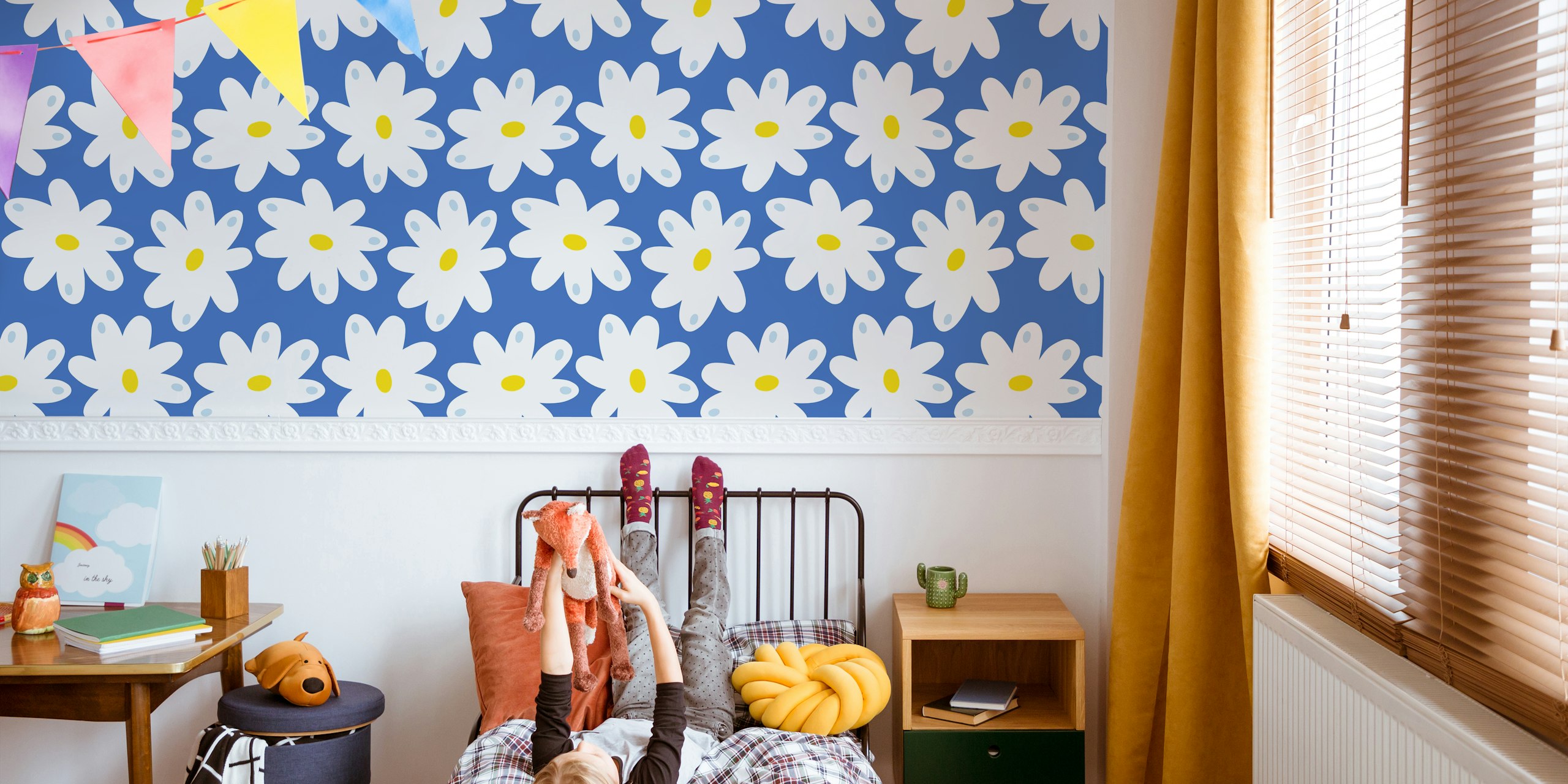 Happy Daisies Cobalt Blue wall mural with white daisies and yellow centers on a blue background