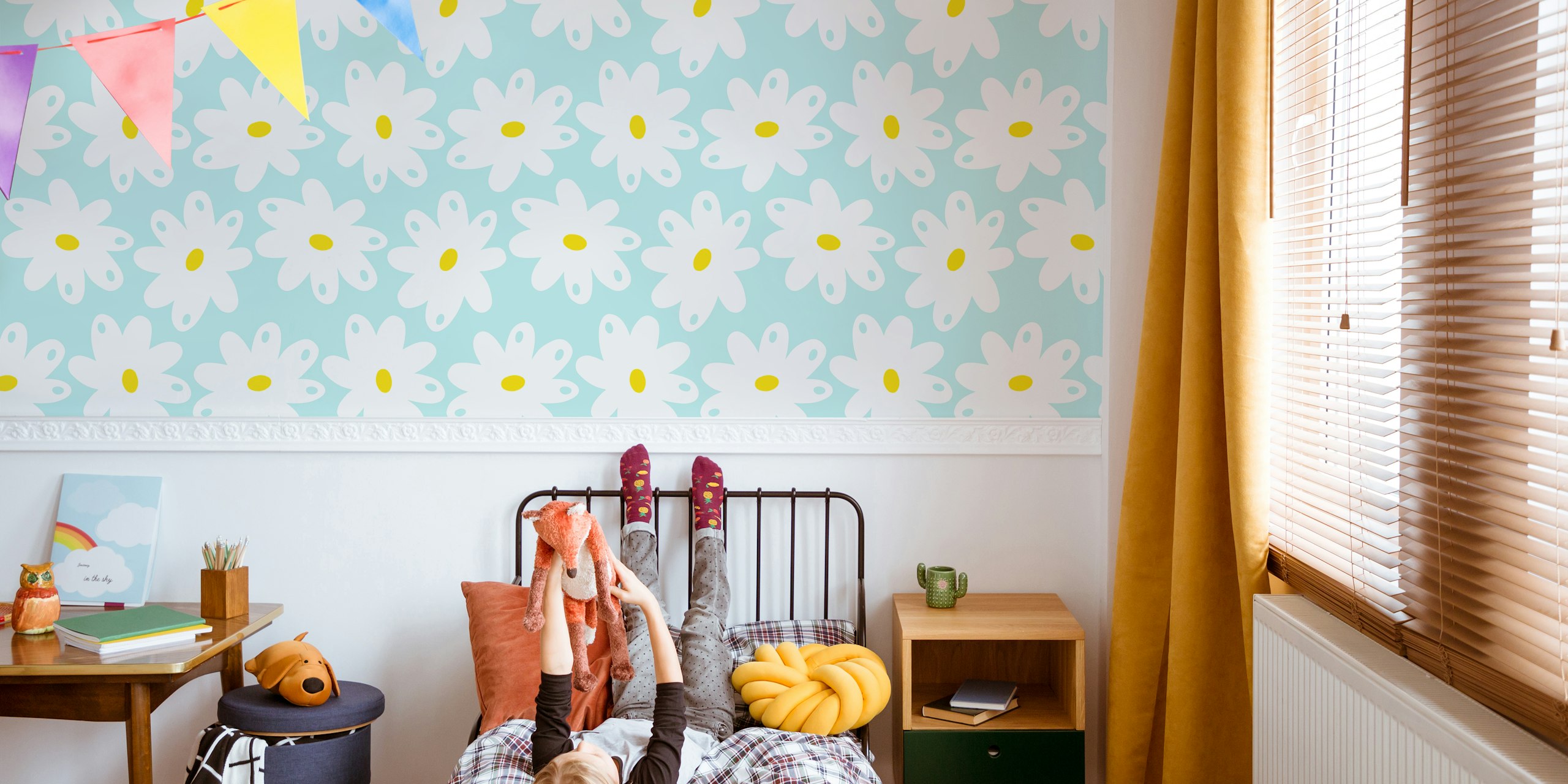 White daisies with yellow centers on soft turquoise background wallpaper