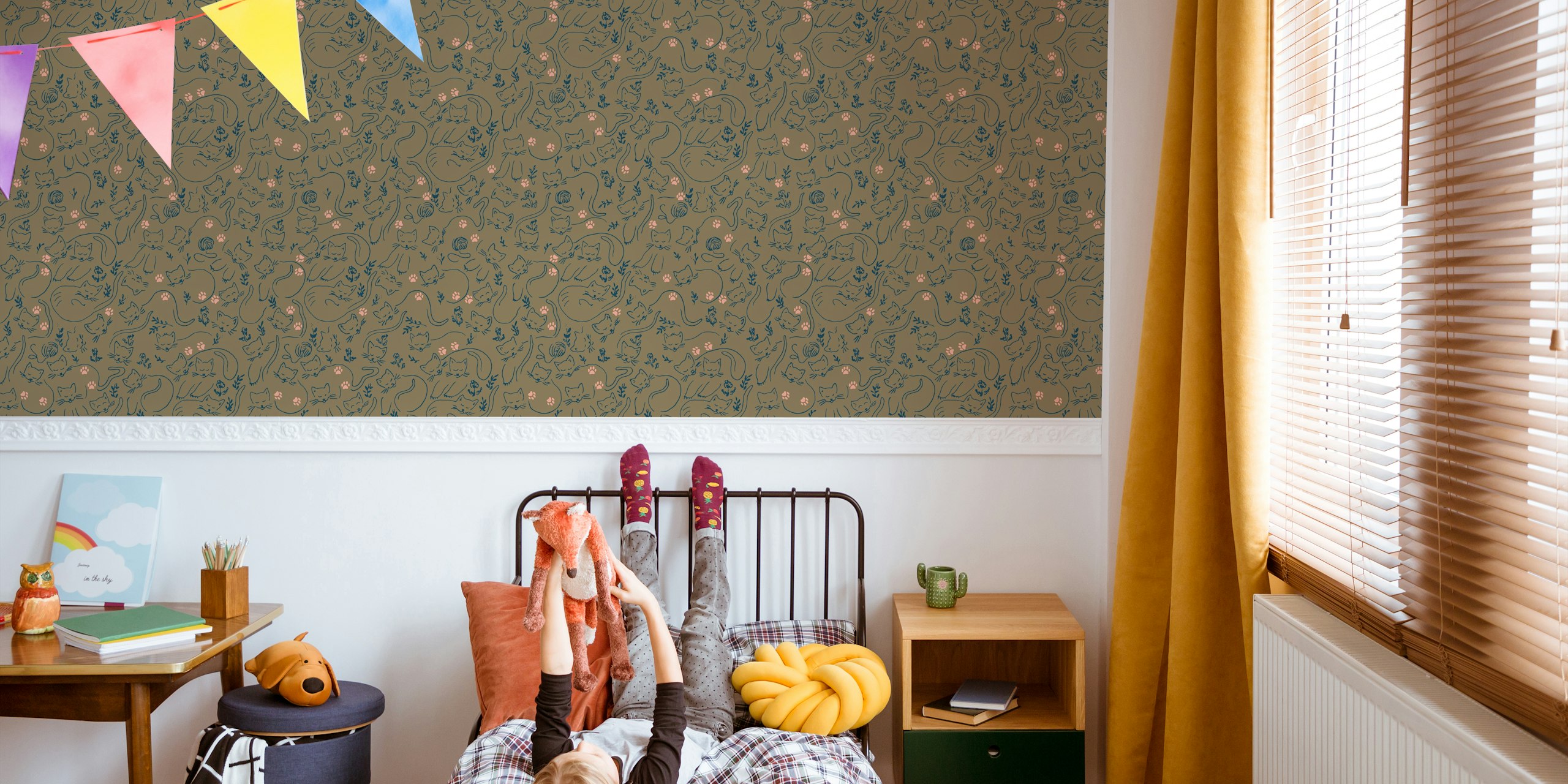 Sleeping cats, paw prints, khaki background, illustrated wallpaper