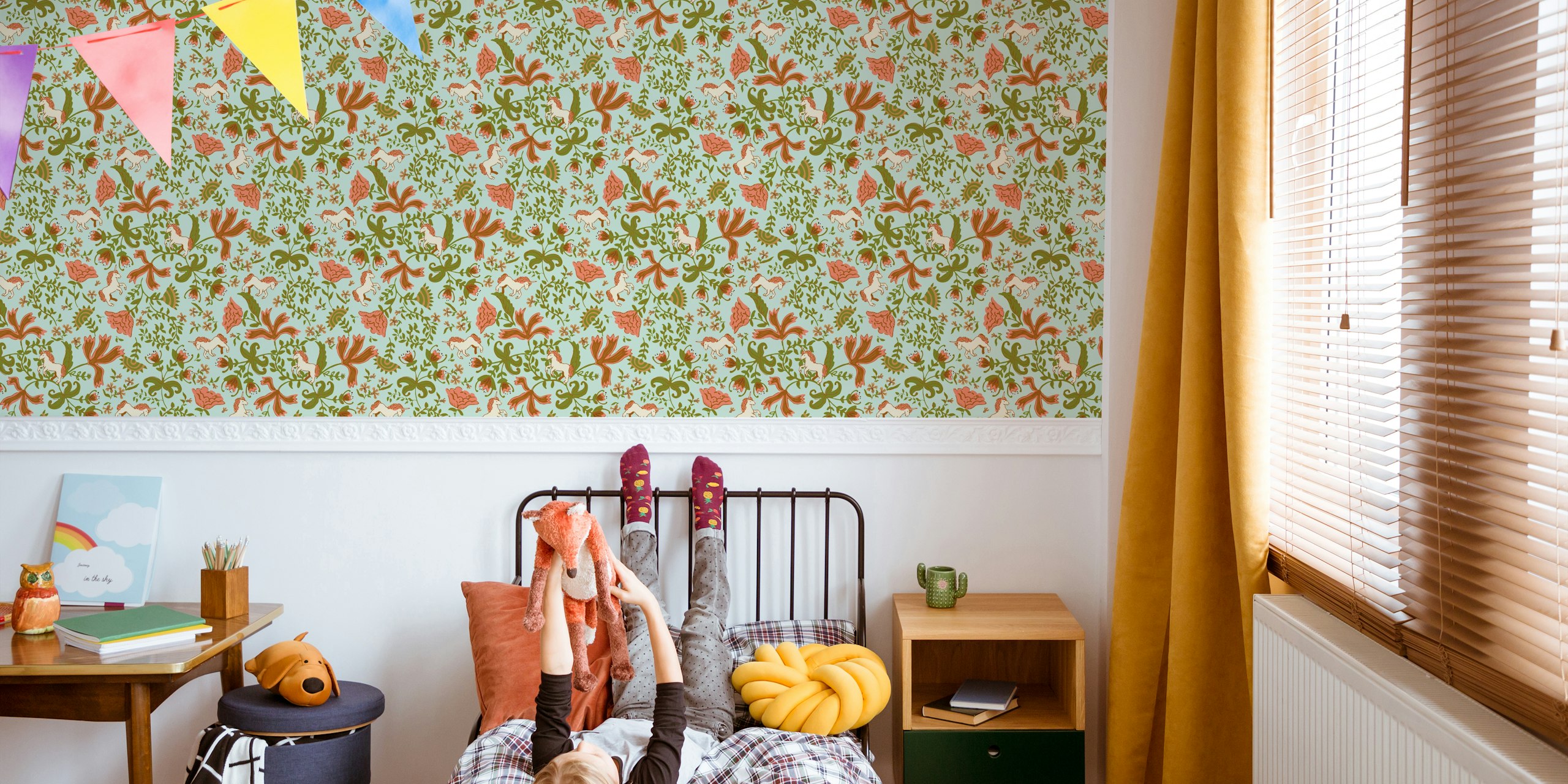 Whimsical unicorns and floral patterns in pastel colors wallpaper