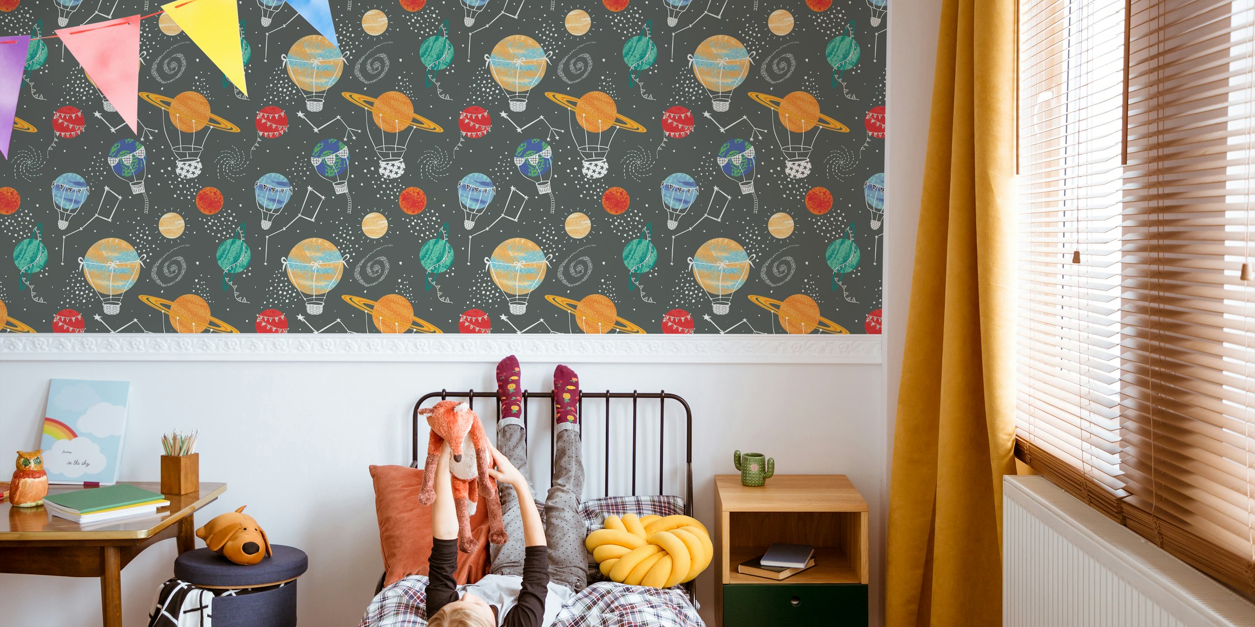 Colorful hot air balloons and planets on a charcoal background wallpaper