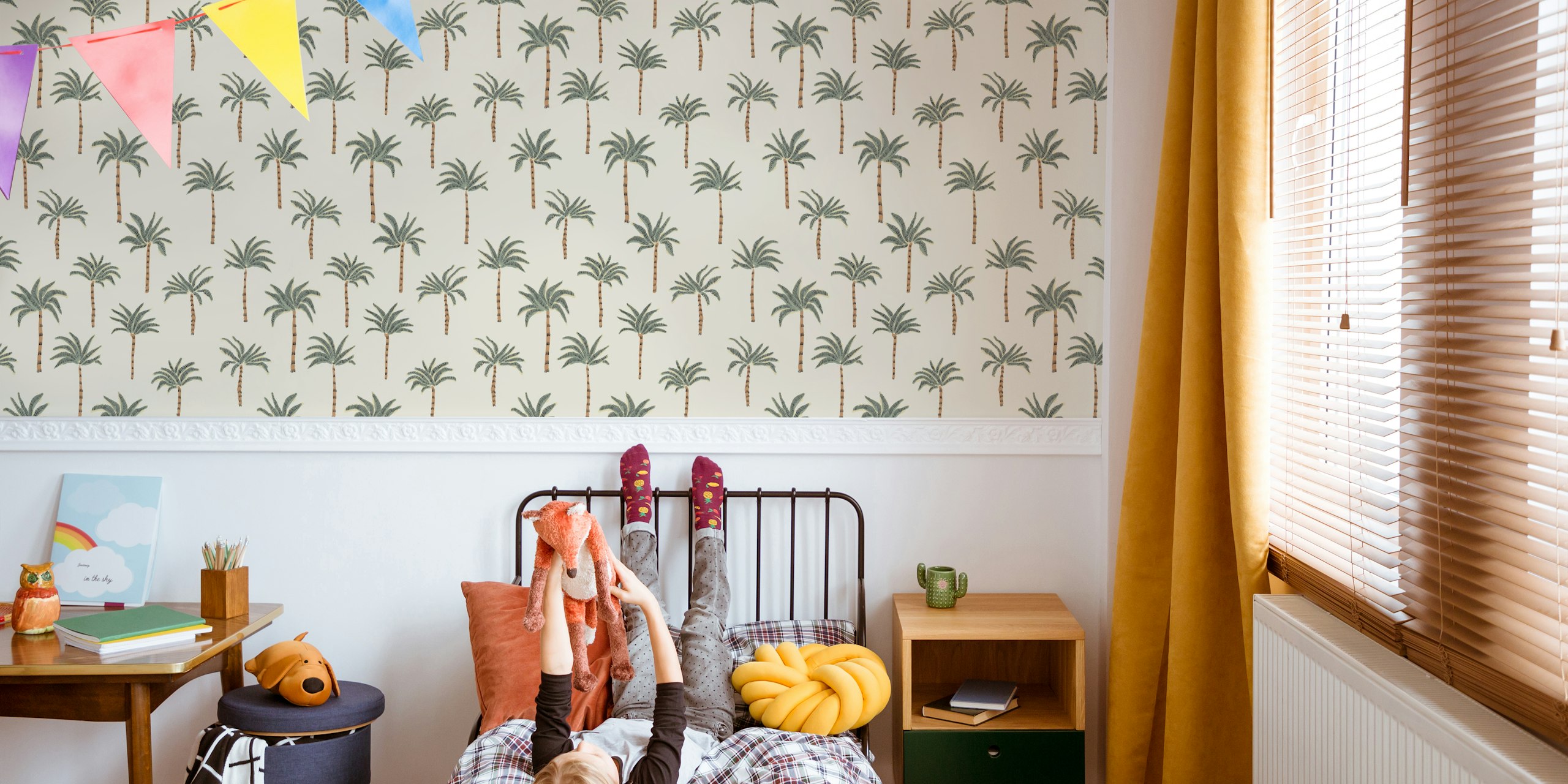 A pattern of soft green and brown palm trees on a cream wall mural background