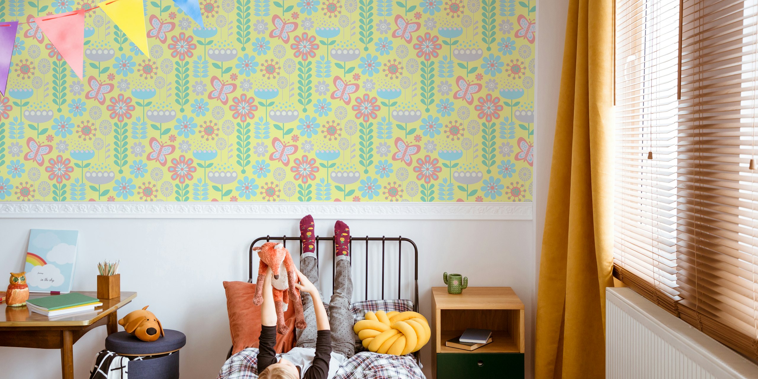 Sunnyside Retro Scandi Floral Yellow tapeta u sobi