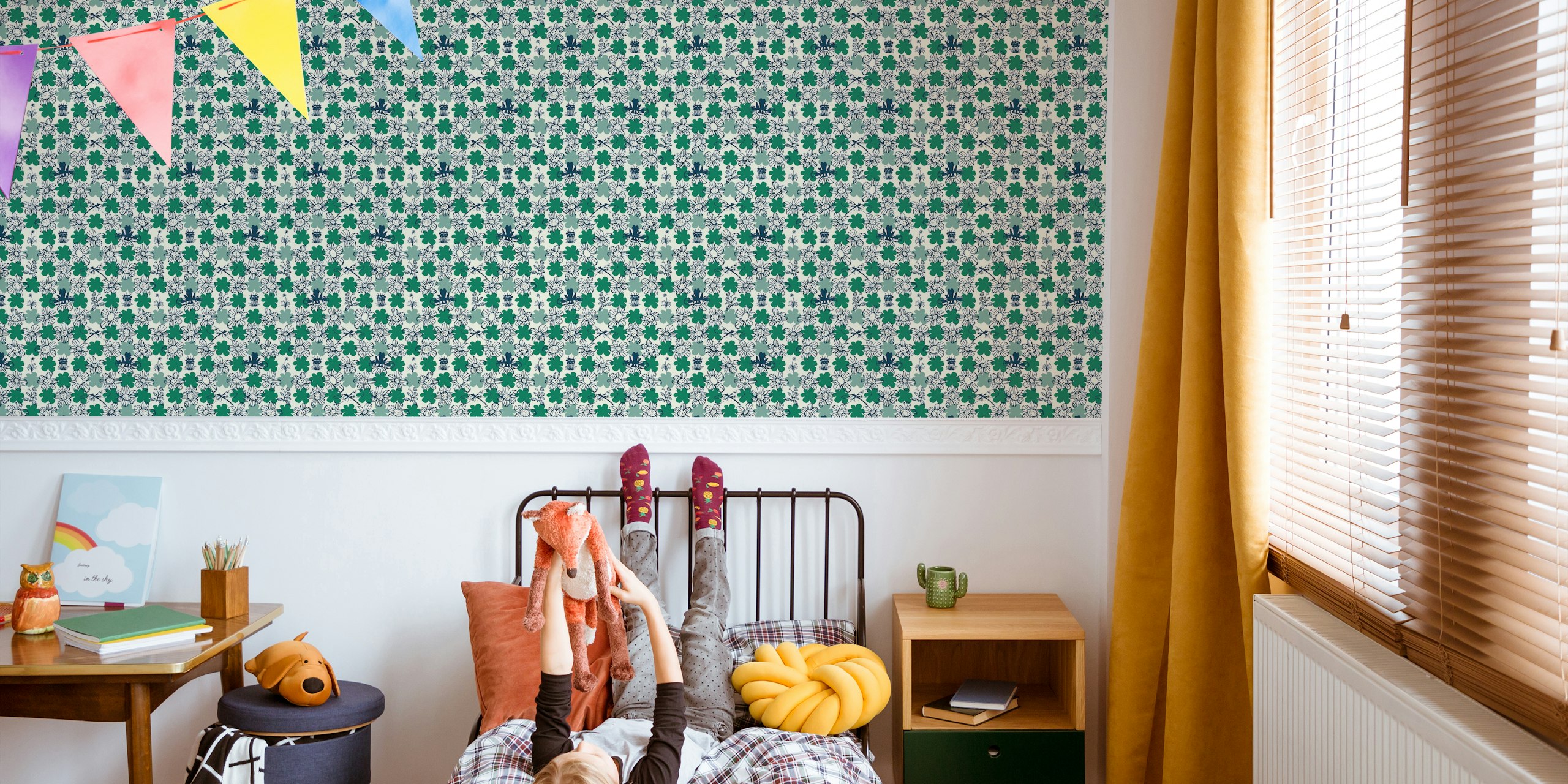Scandi green floral wallpaper with frog and clover
