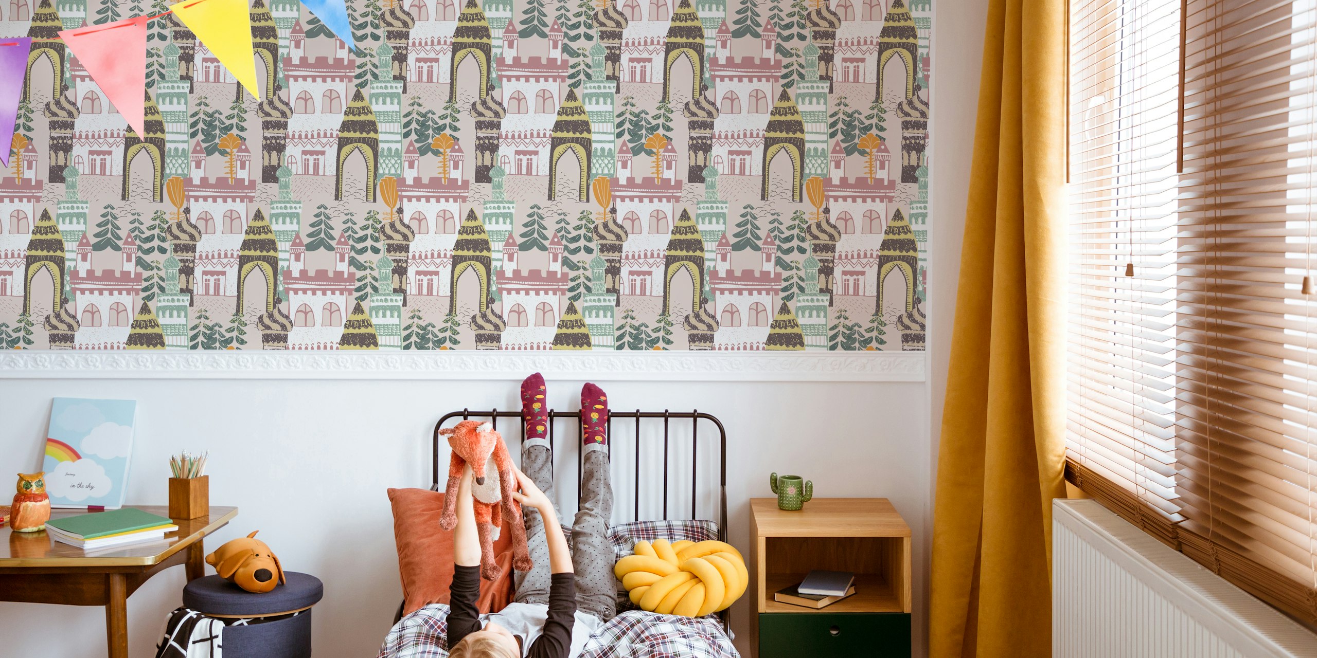 Whimsical castle pattern with earthy colors and illustrations wallpaper