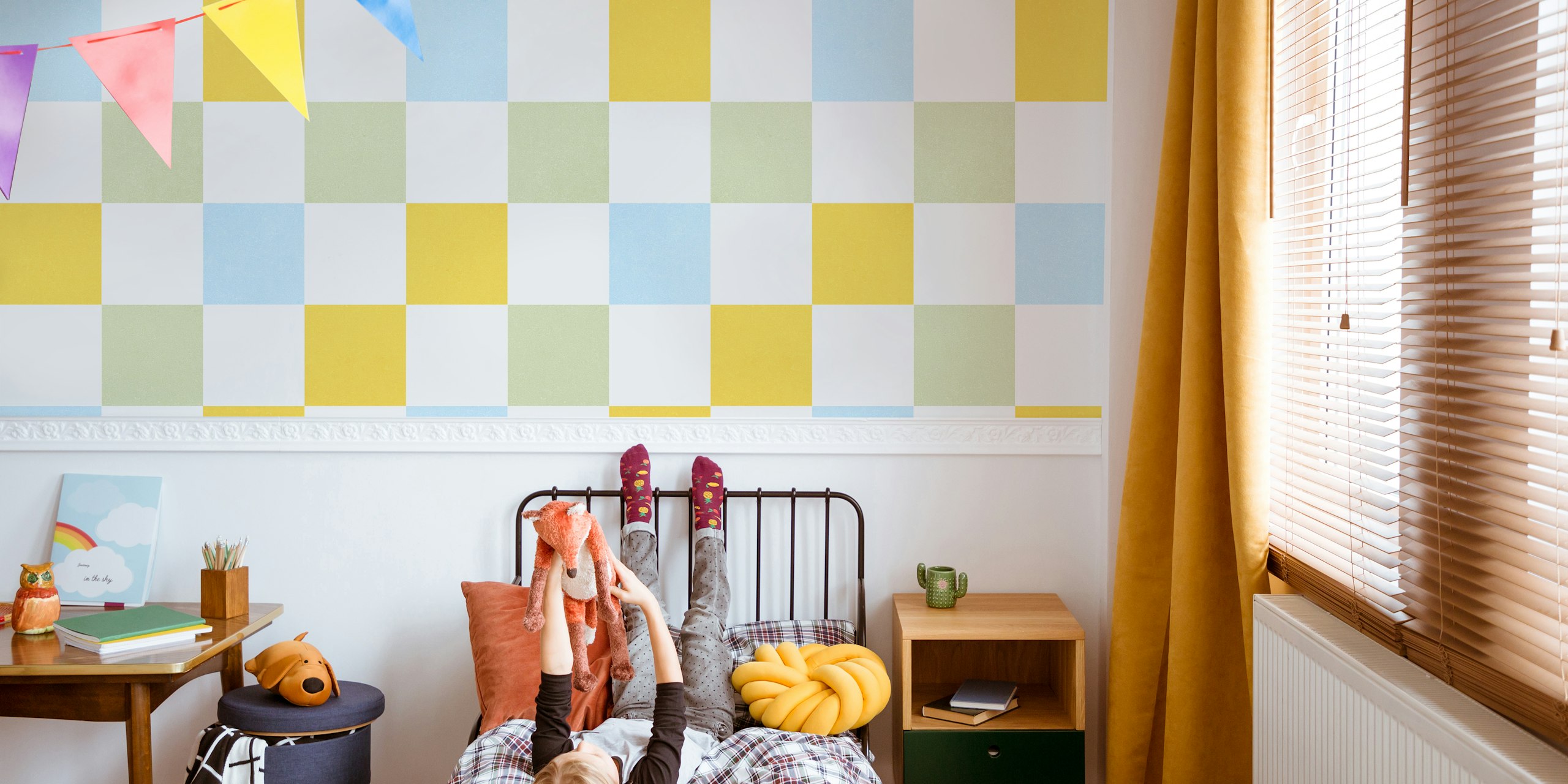 Retro Pastel Checkered Wall Mural in Sunny Green, Yellow, and Blue
