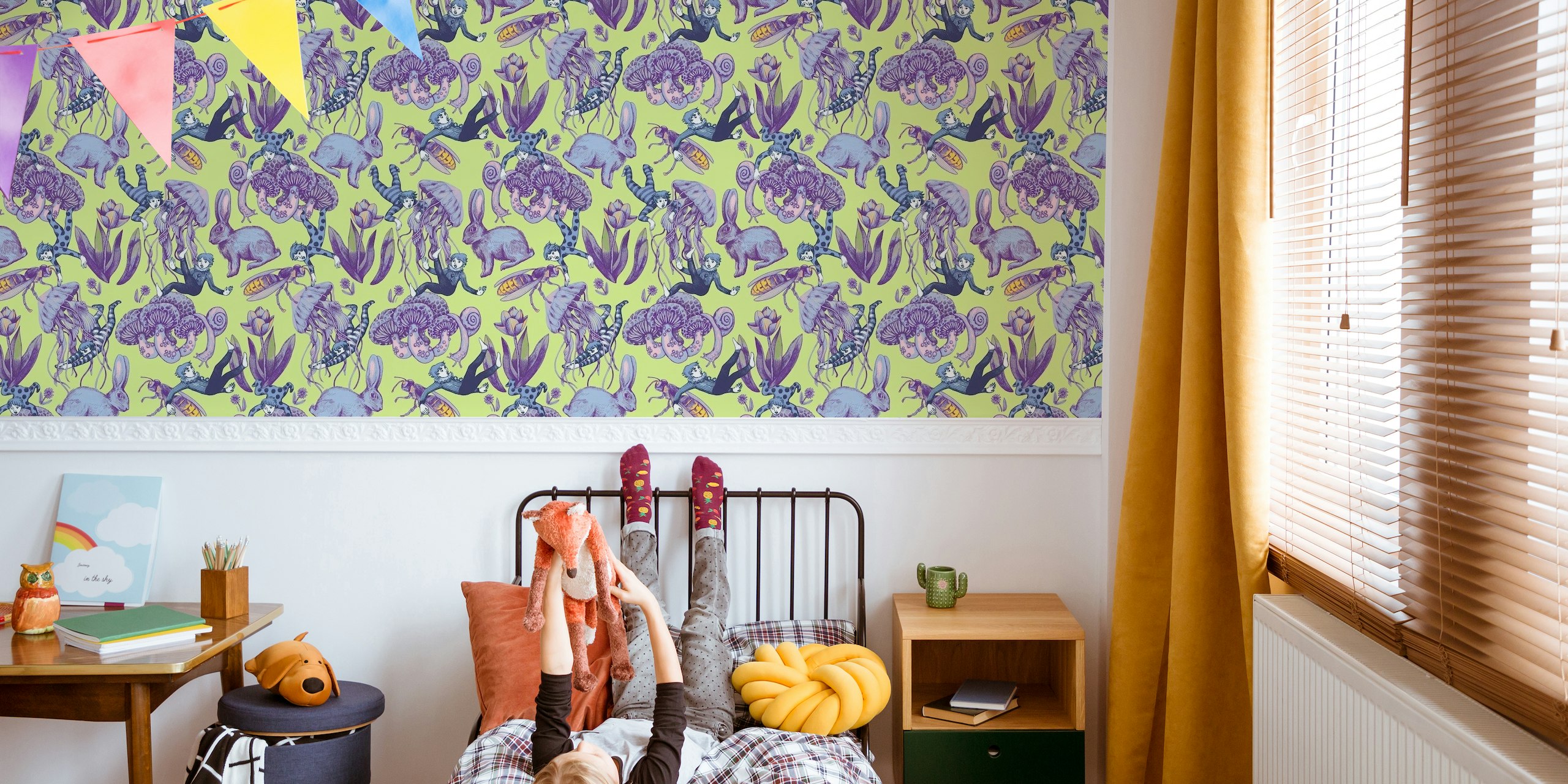 Illustrative wall mural with a boy and playful creatures in a wonderland theme on a pastel background