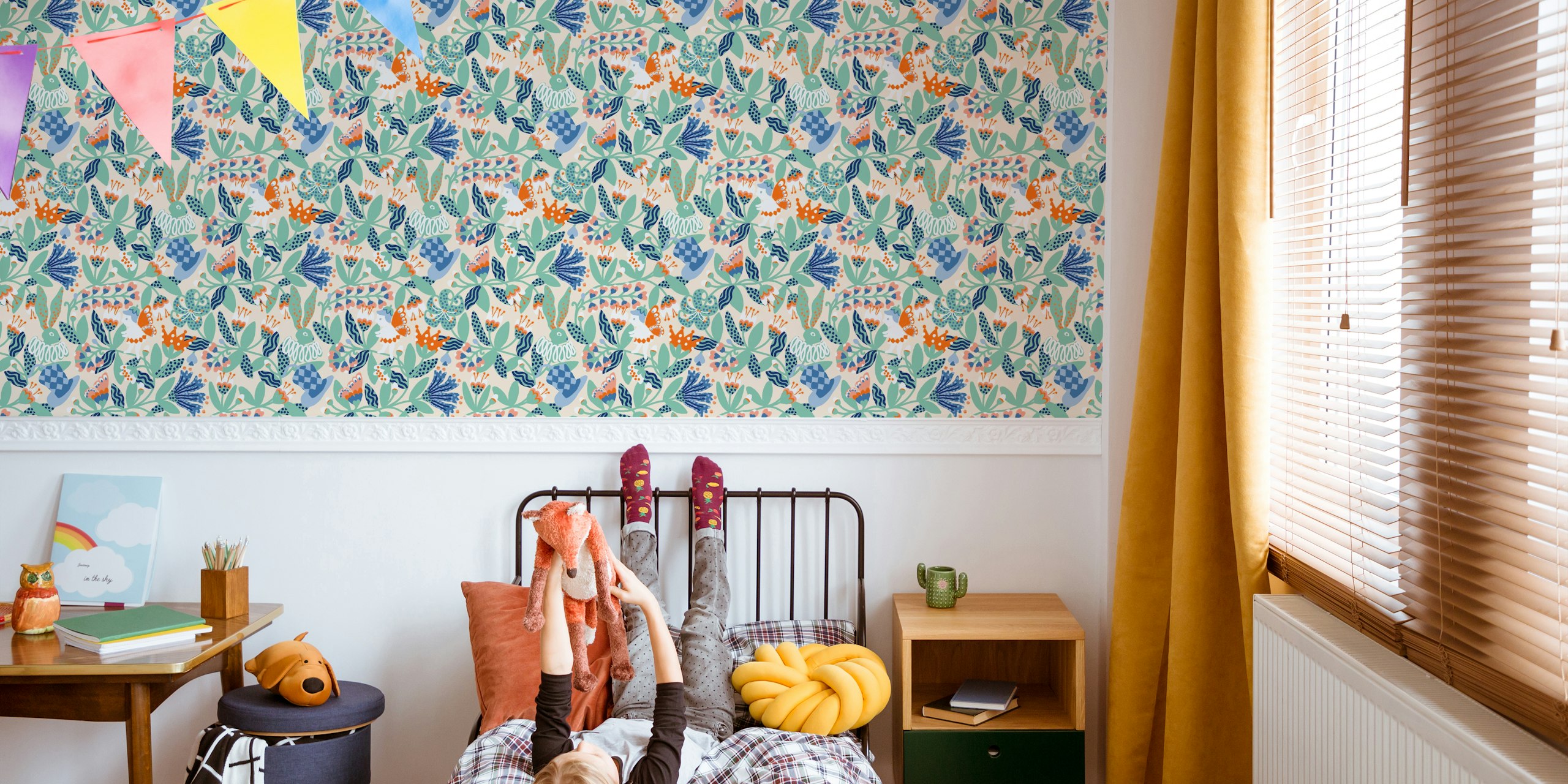 Pastel mint wall mural with whimsical garden design