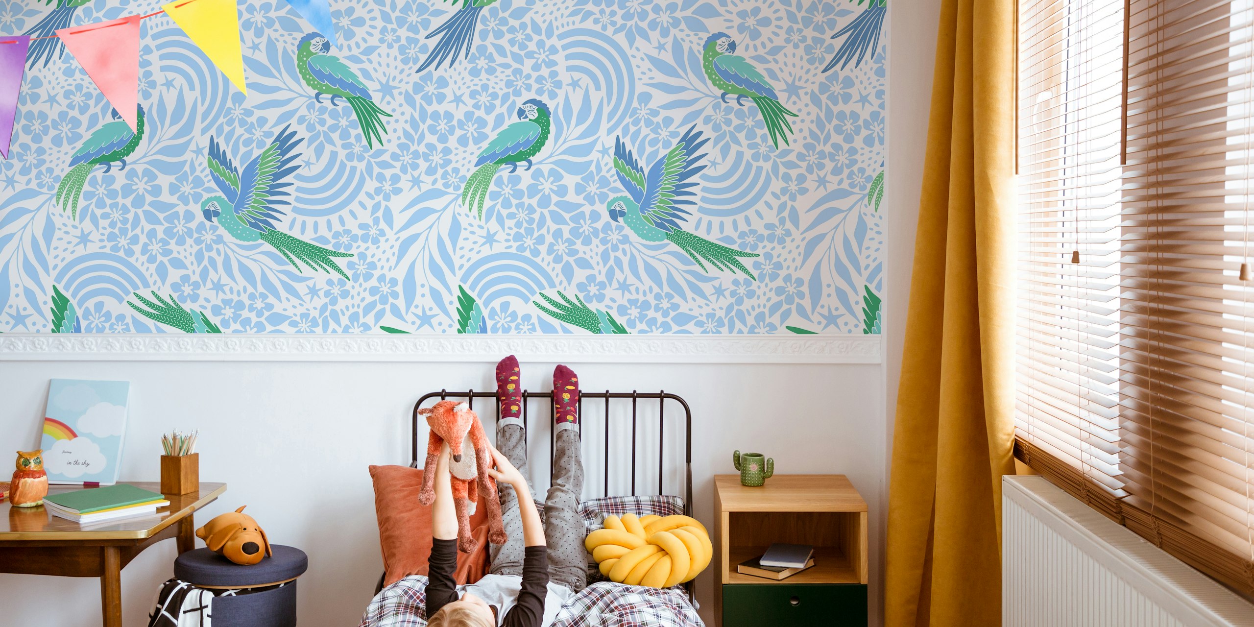 Colorful birds and floral patterns in blue and green wallpaper