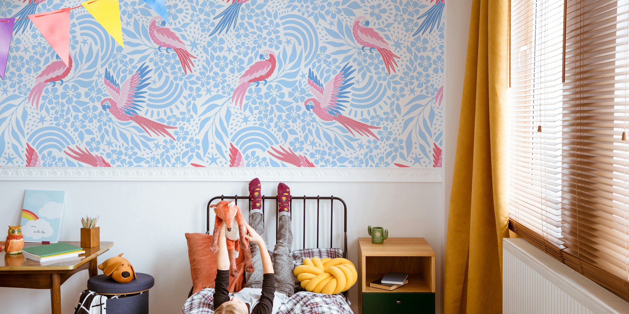 Pink and blue tropical parrot wallpaper with floral patterns