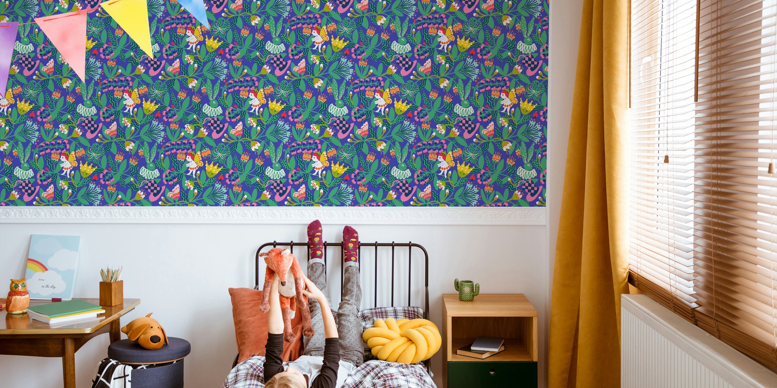 Bunte Blumen, Tiere, und Schmetterlinge auf blauem Hintergrund Tapete