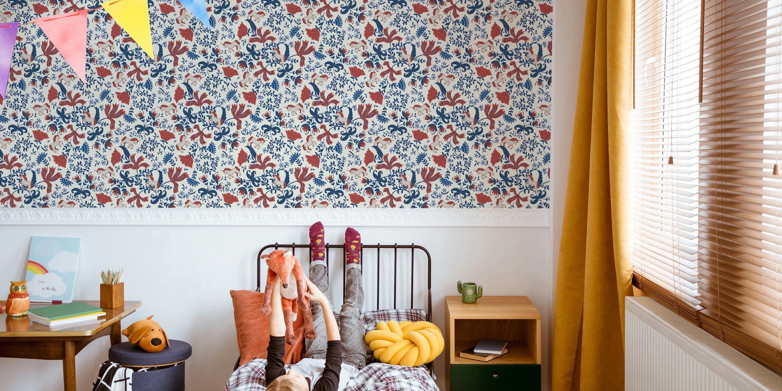 Floral unicorn print with red and blue elements on white background wallpaper
