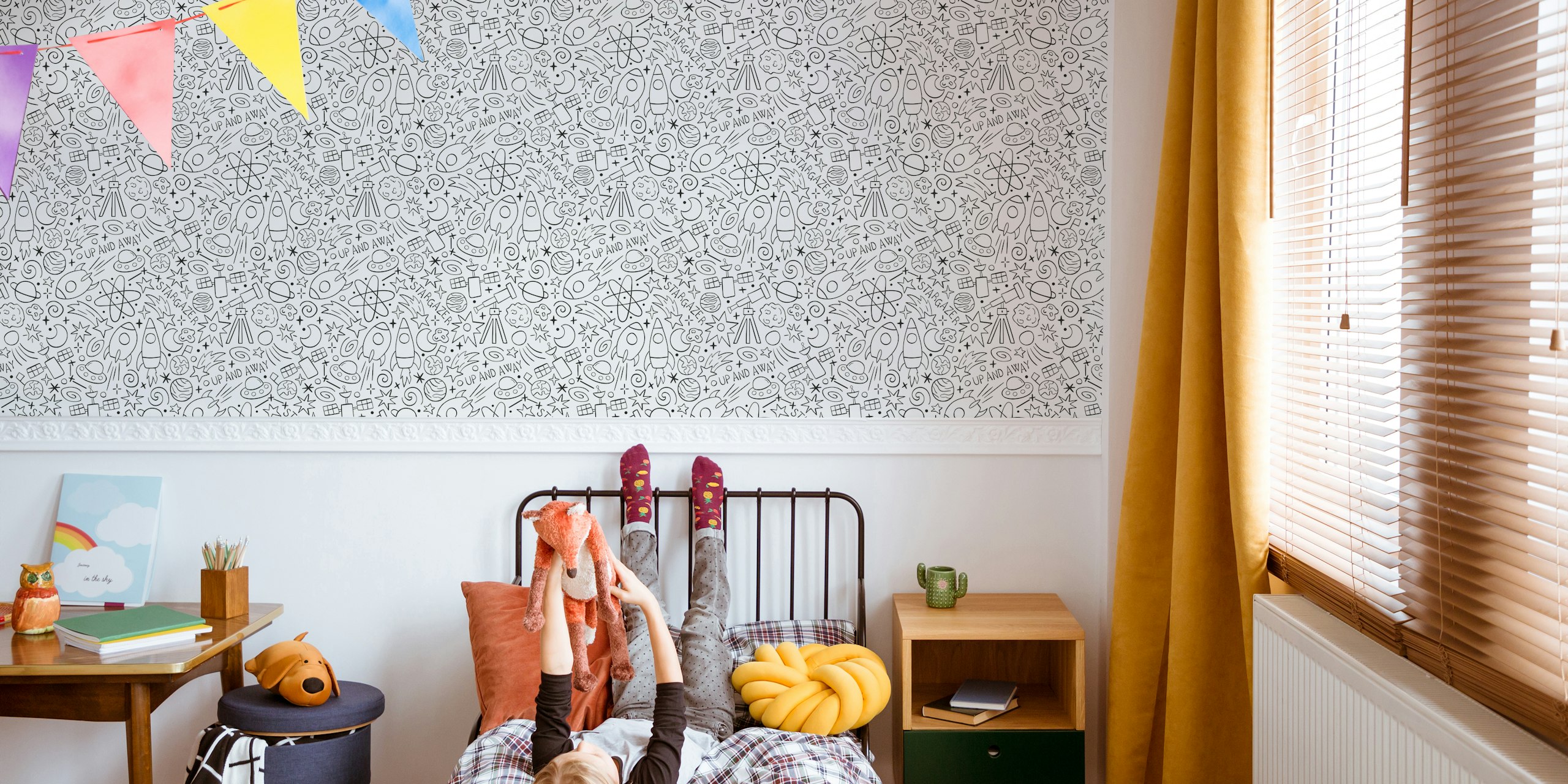 Whimsical wallpaper design with doodles in a room