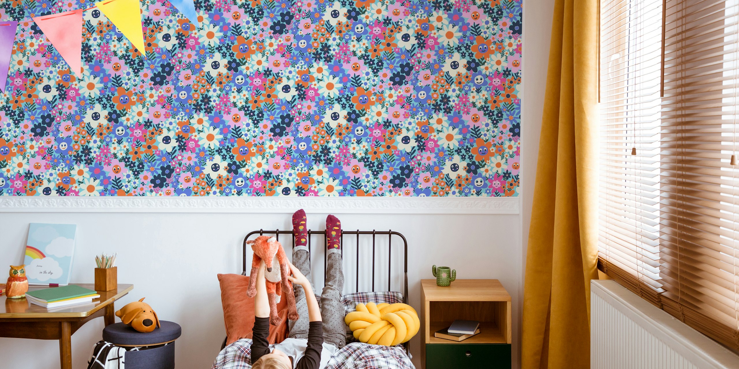 Colorful floral patterns with smiling flowers and diverse shapes wallpaper