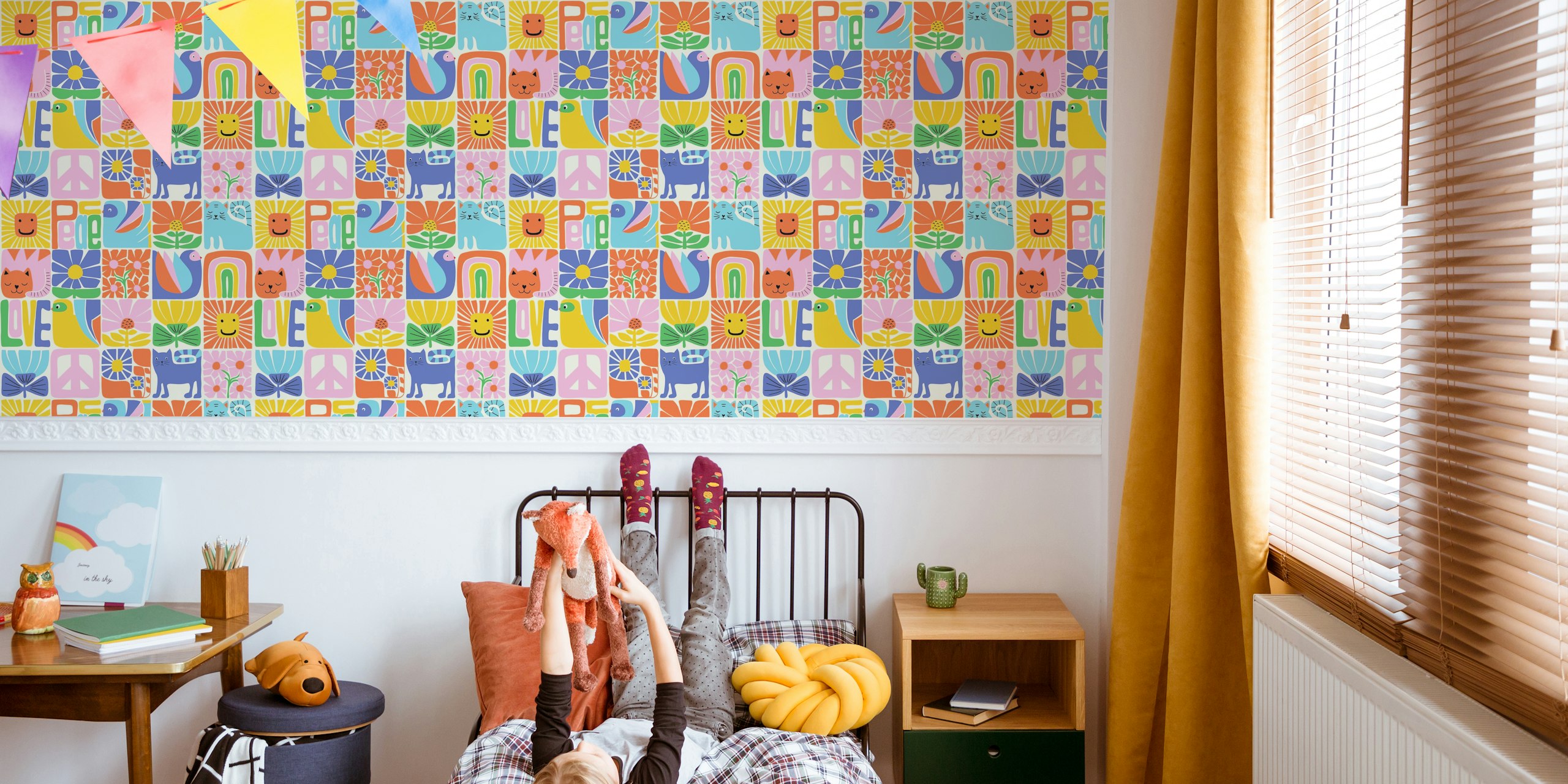 Colorful checkerboard folk art wallpaper with flowers and animals