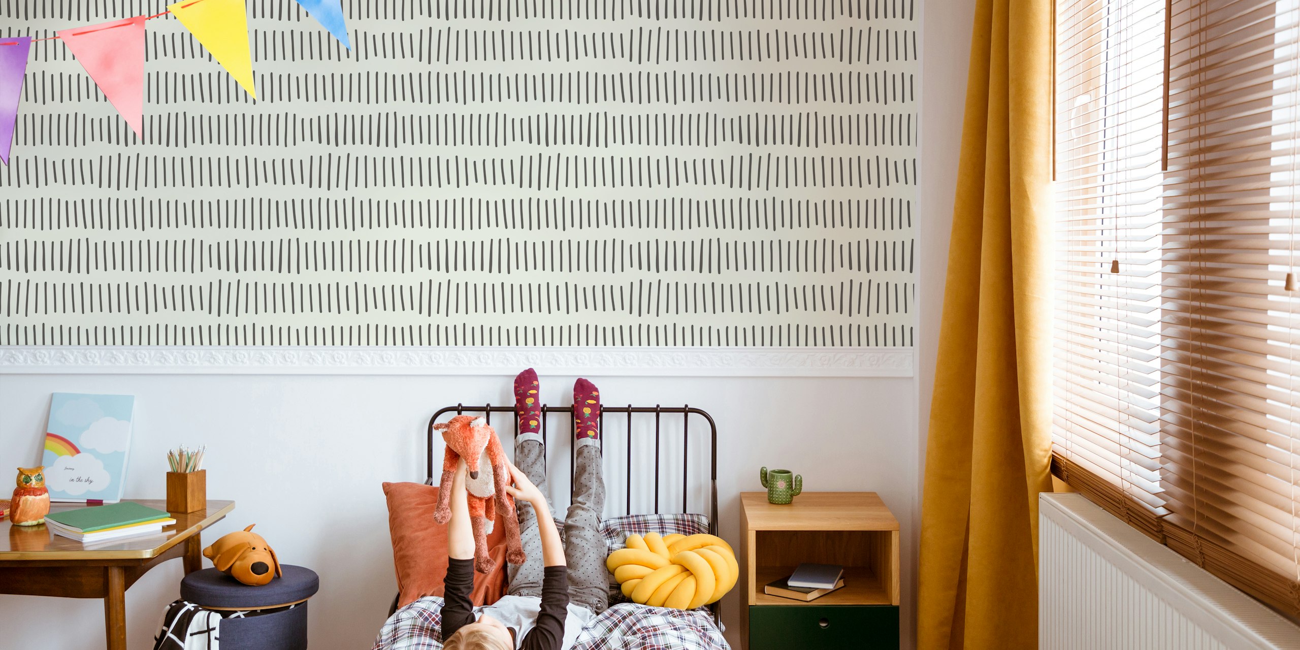 Vertical Marks Offwhite Black wallpaper in a room