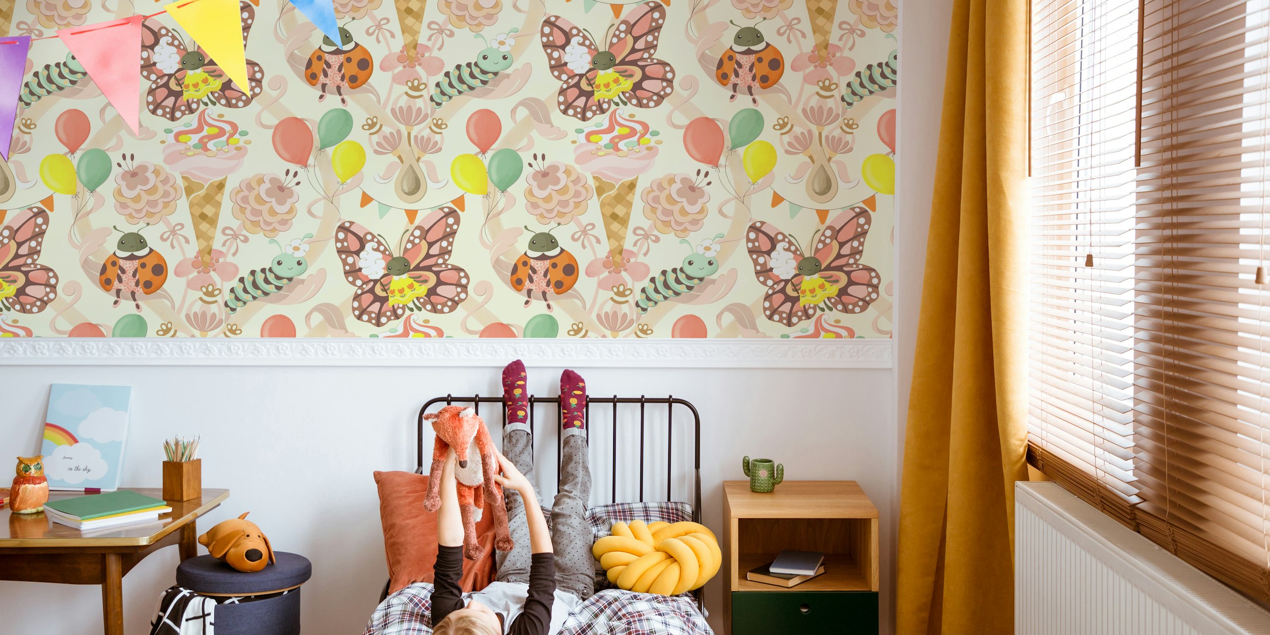 Colorful butterflies, balloons, flowers, and playful designs wallpaper