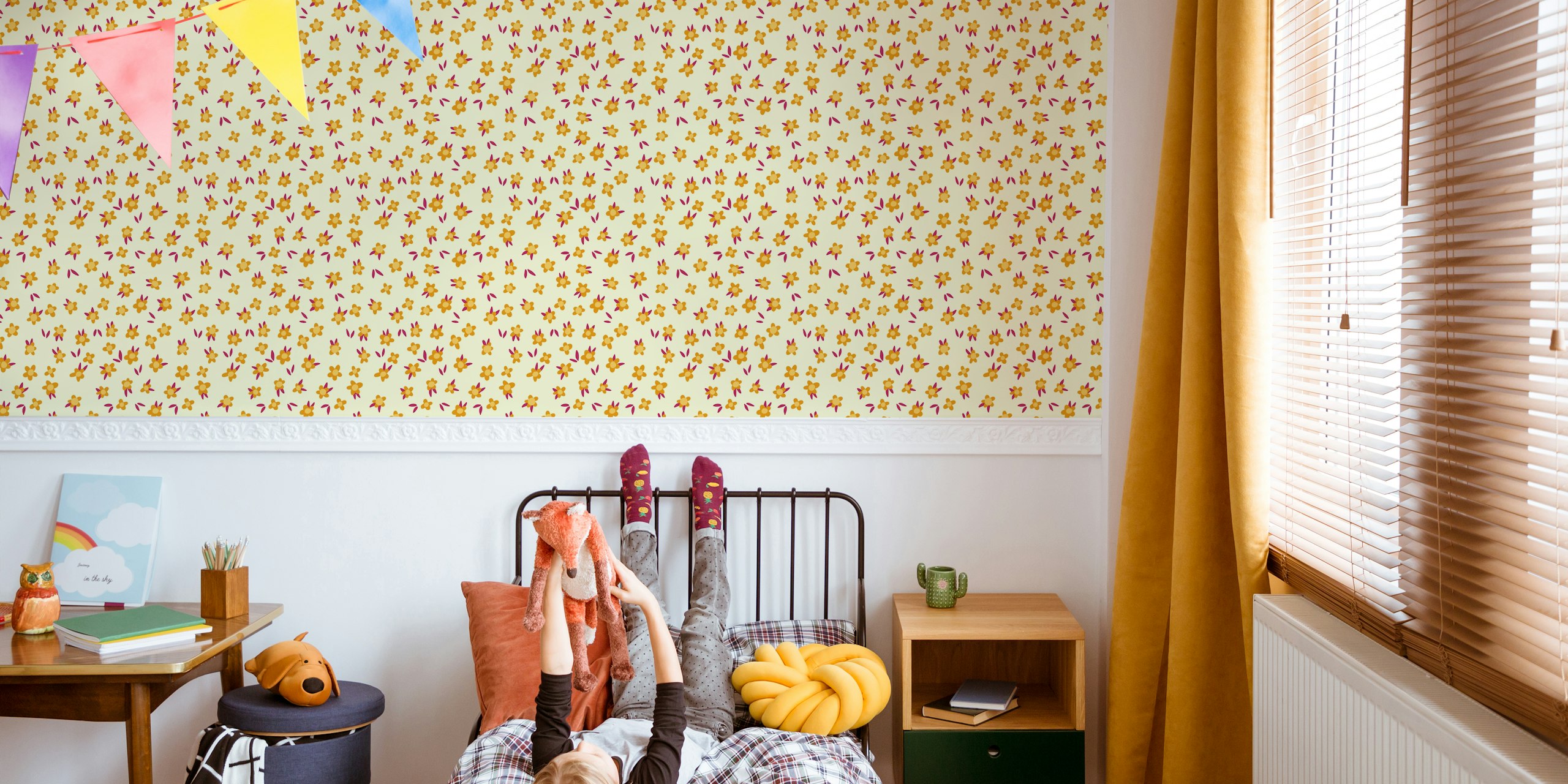 Yellow background with tiny orange and maroon flowers wallpaper