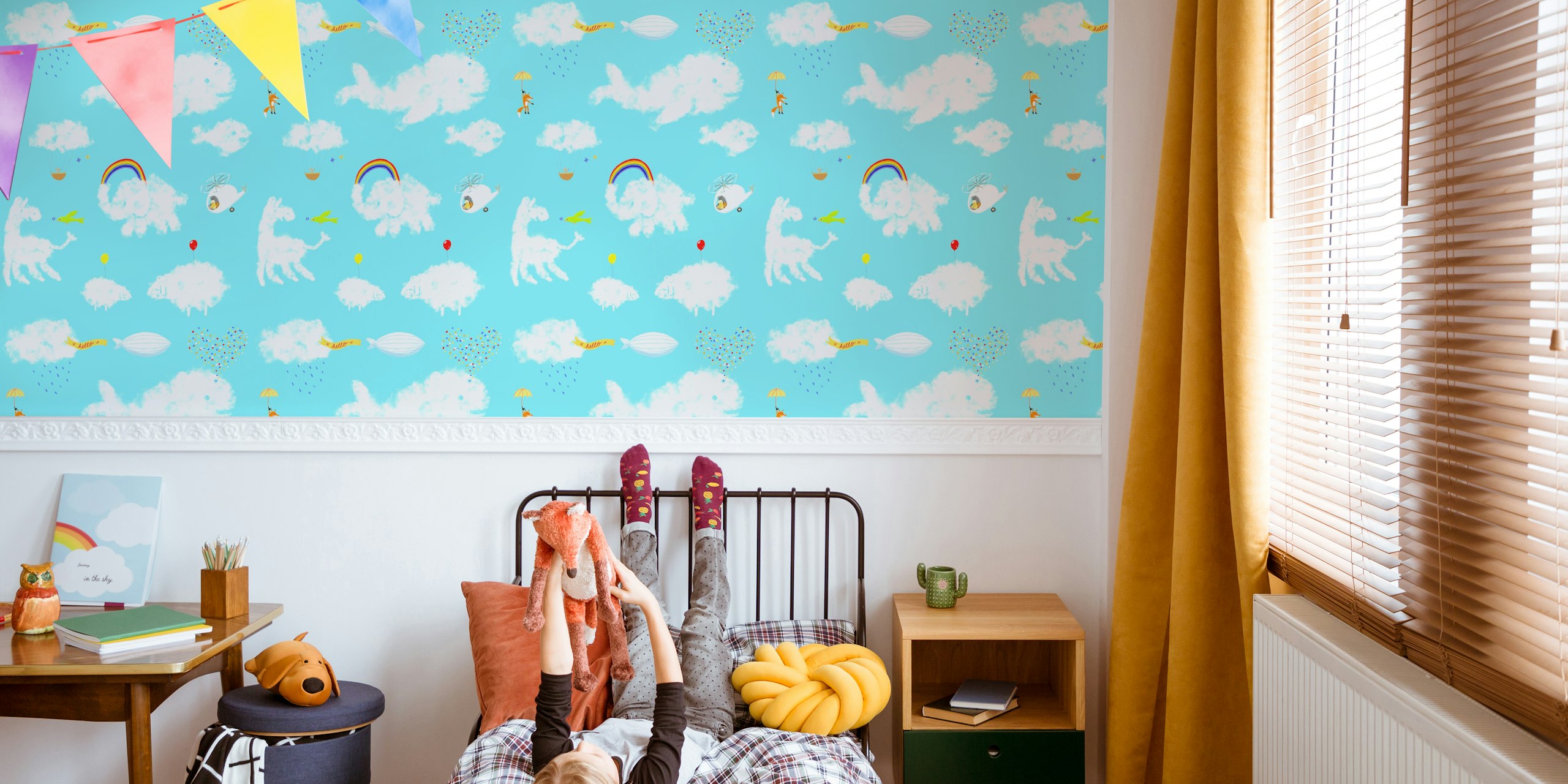 Whimsical clouds, rainbow, fox, and helicopter on blue wallpaper