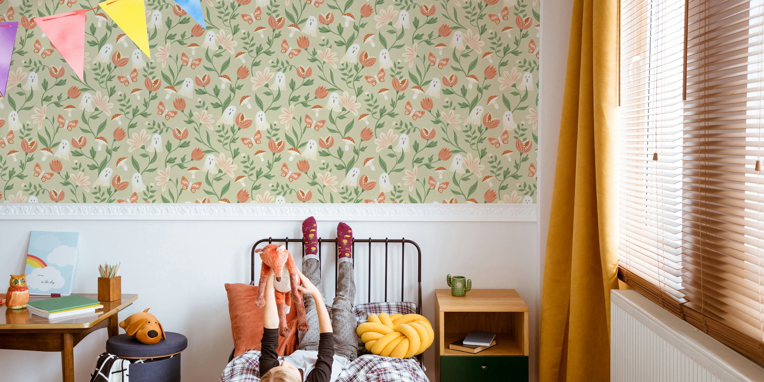 Floral pattern with ghosts and butterflies in sage green wallpaper