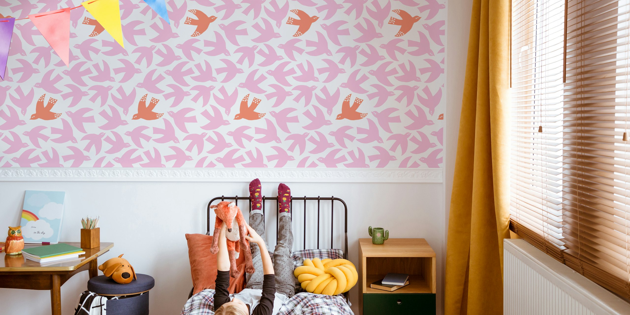 Colorful pink and orange paper cut bird pattern wallpaper