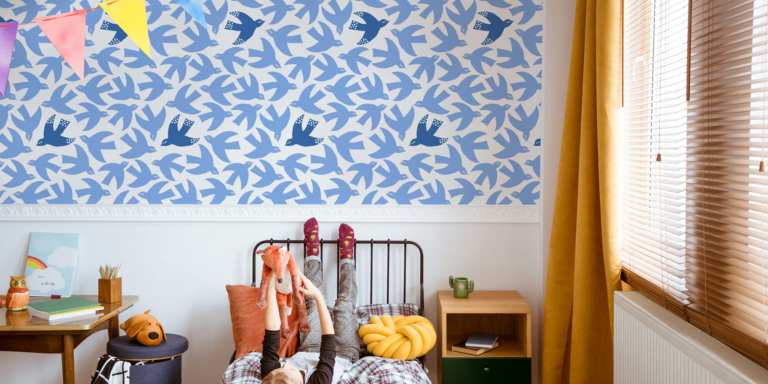 Blue bird silhouettes on white background wallpaper
