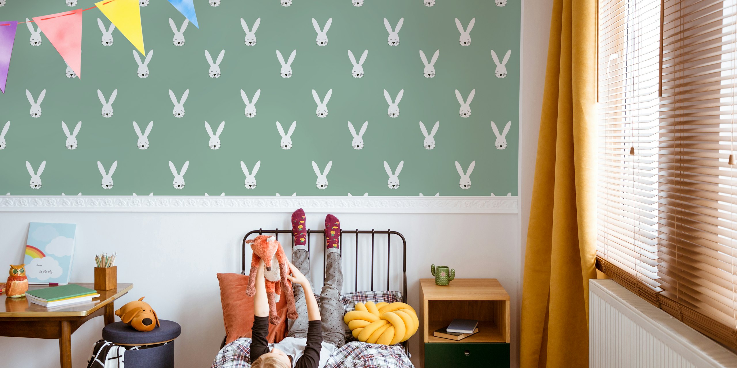 Happy Bunny sage green wallpaper in a room