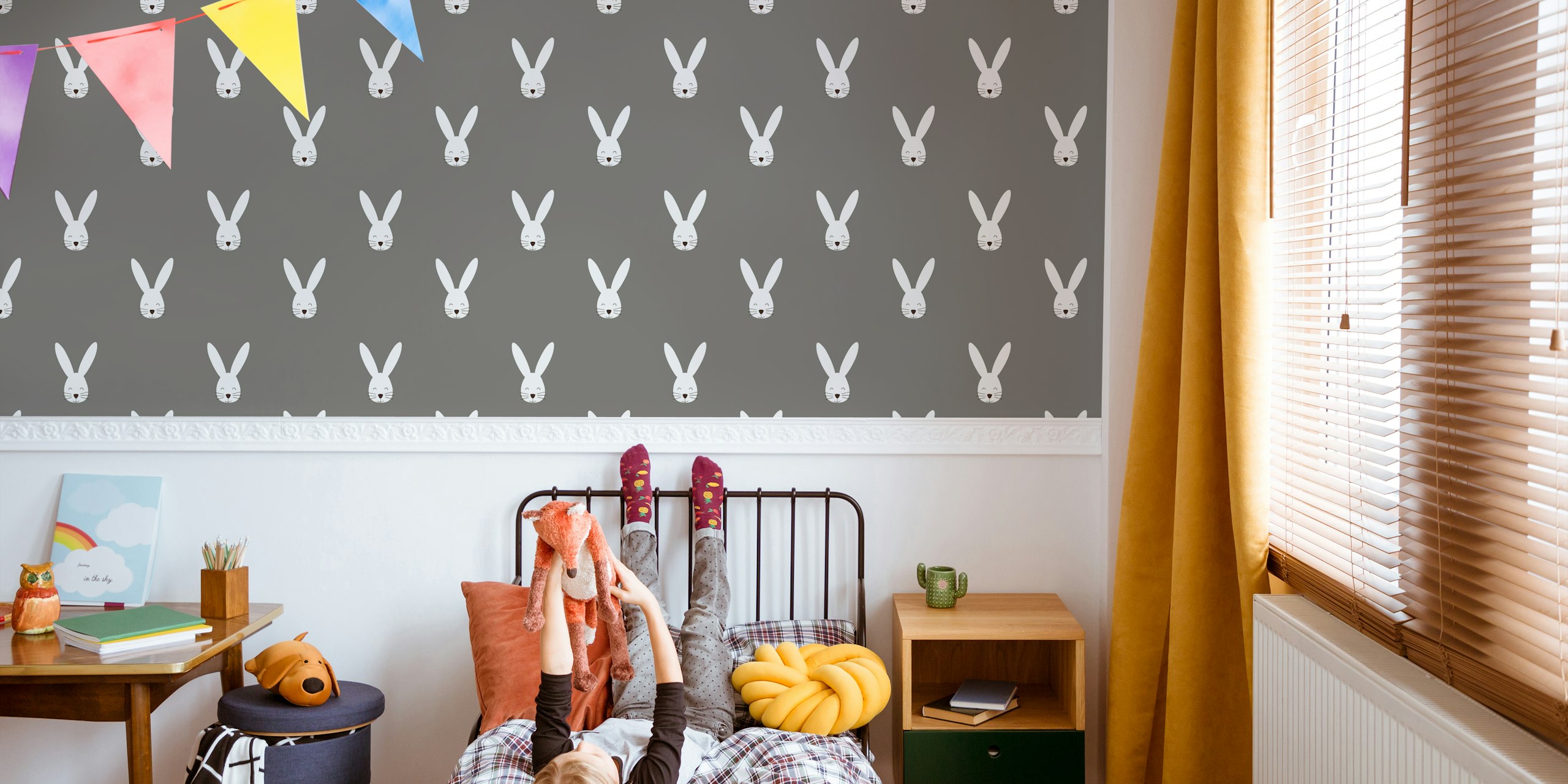 White bunny illustrations on charcoal background wallpaper