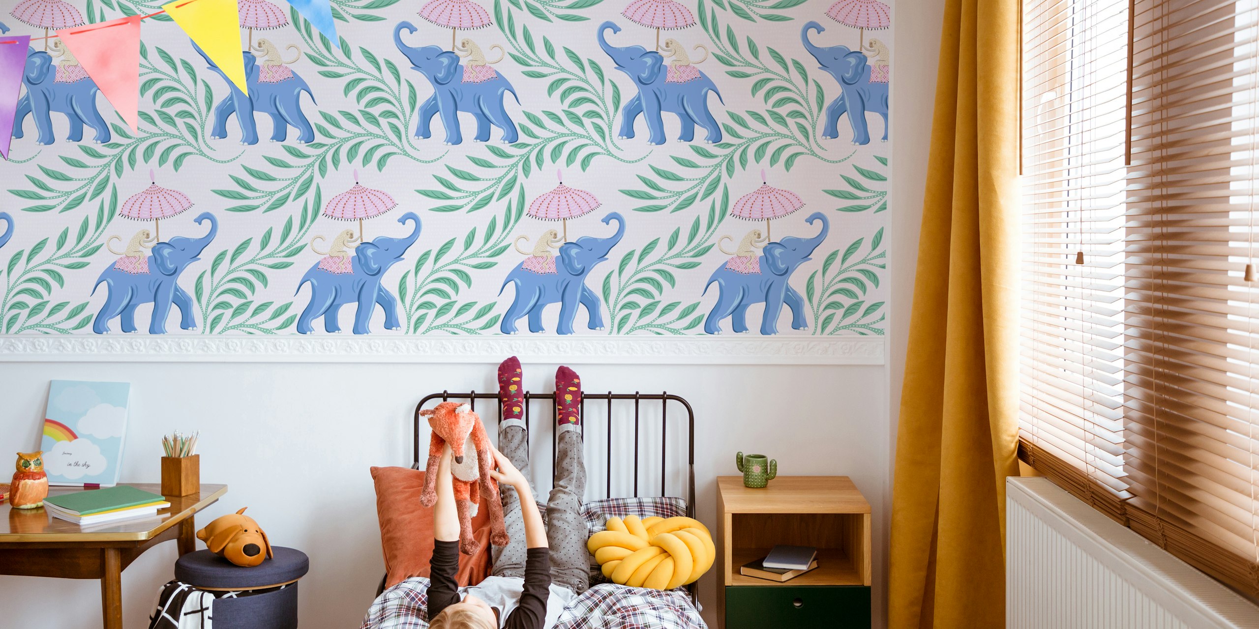 Elephant and monkey with pink umbrella on leafy background wallpaper