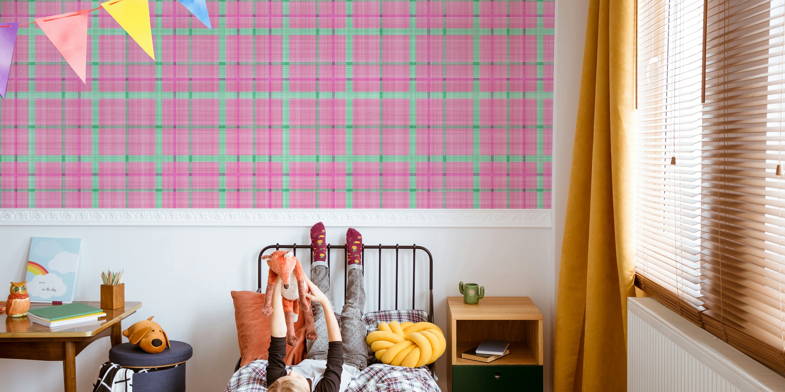 Pink and teal gingham check pattern wall mural for contemporary home decor.