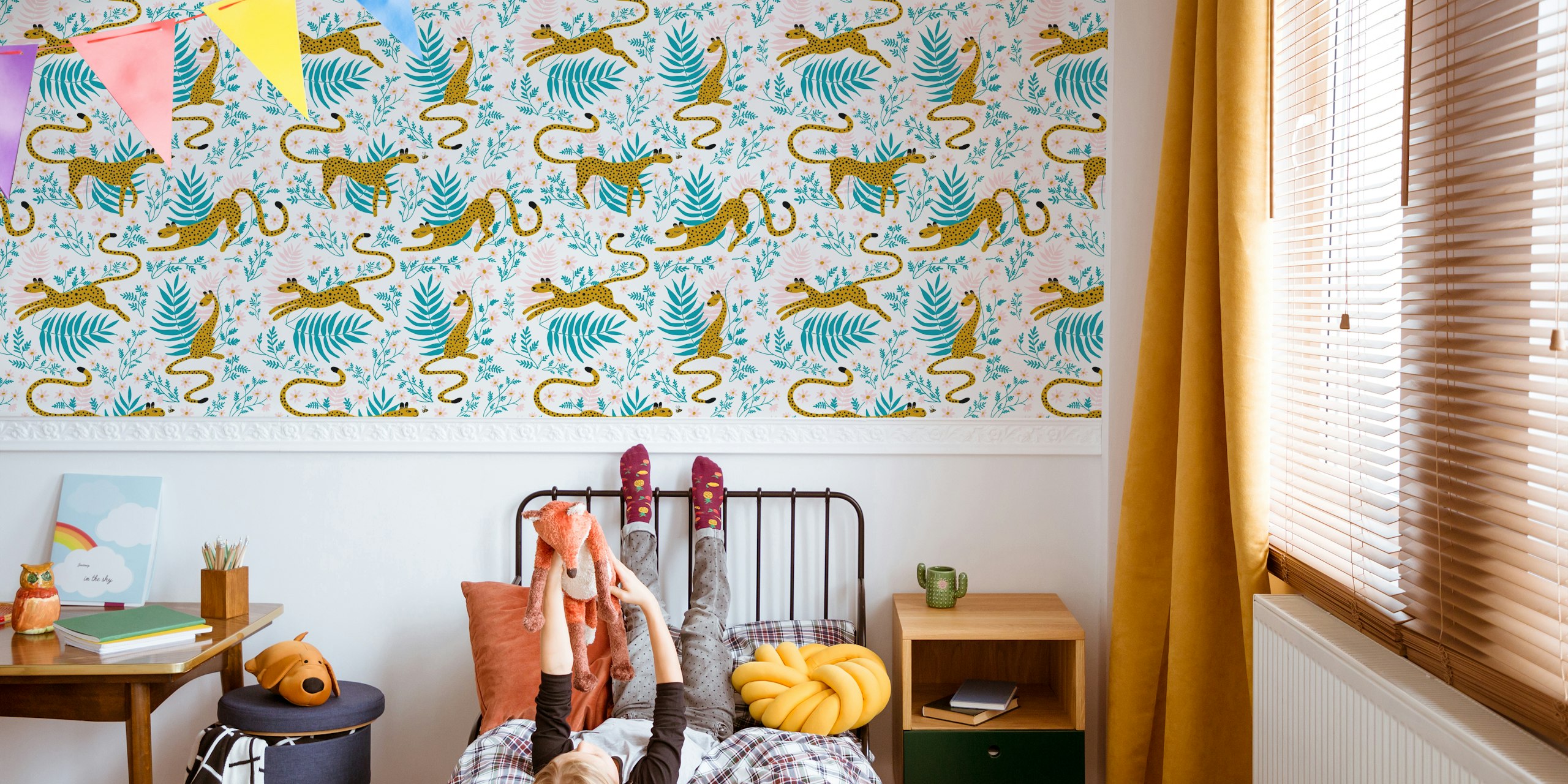 Cheetahs and flowers pattern featuring pink, green, and yellow wallpaper