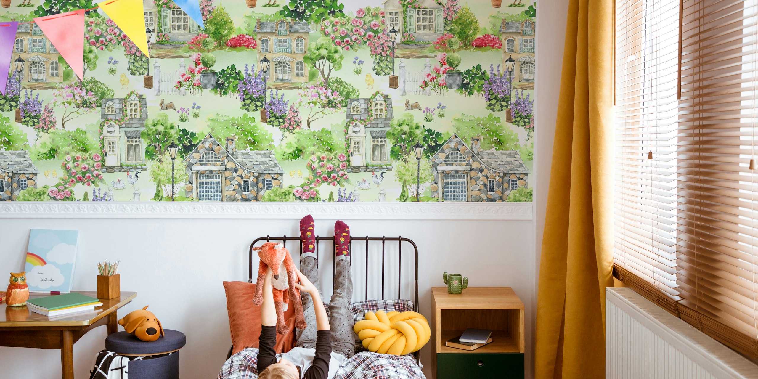 Garden landscape wallpaper in a room