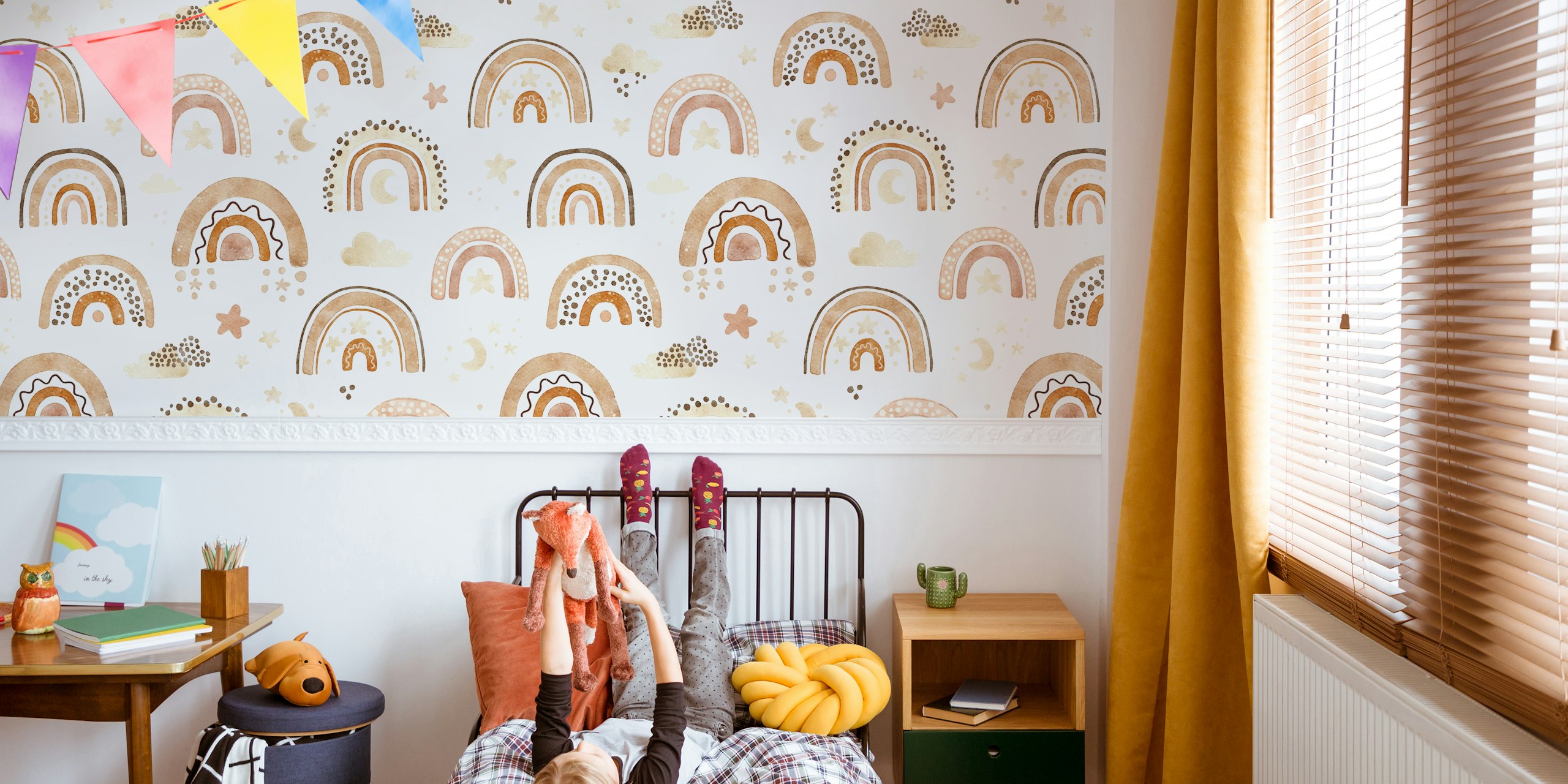 Colorful rainbows and clouds in soft brown and cream watercolor wallpaper
