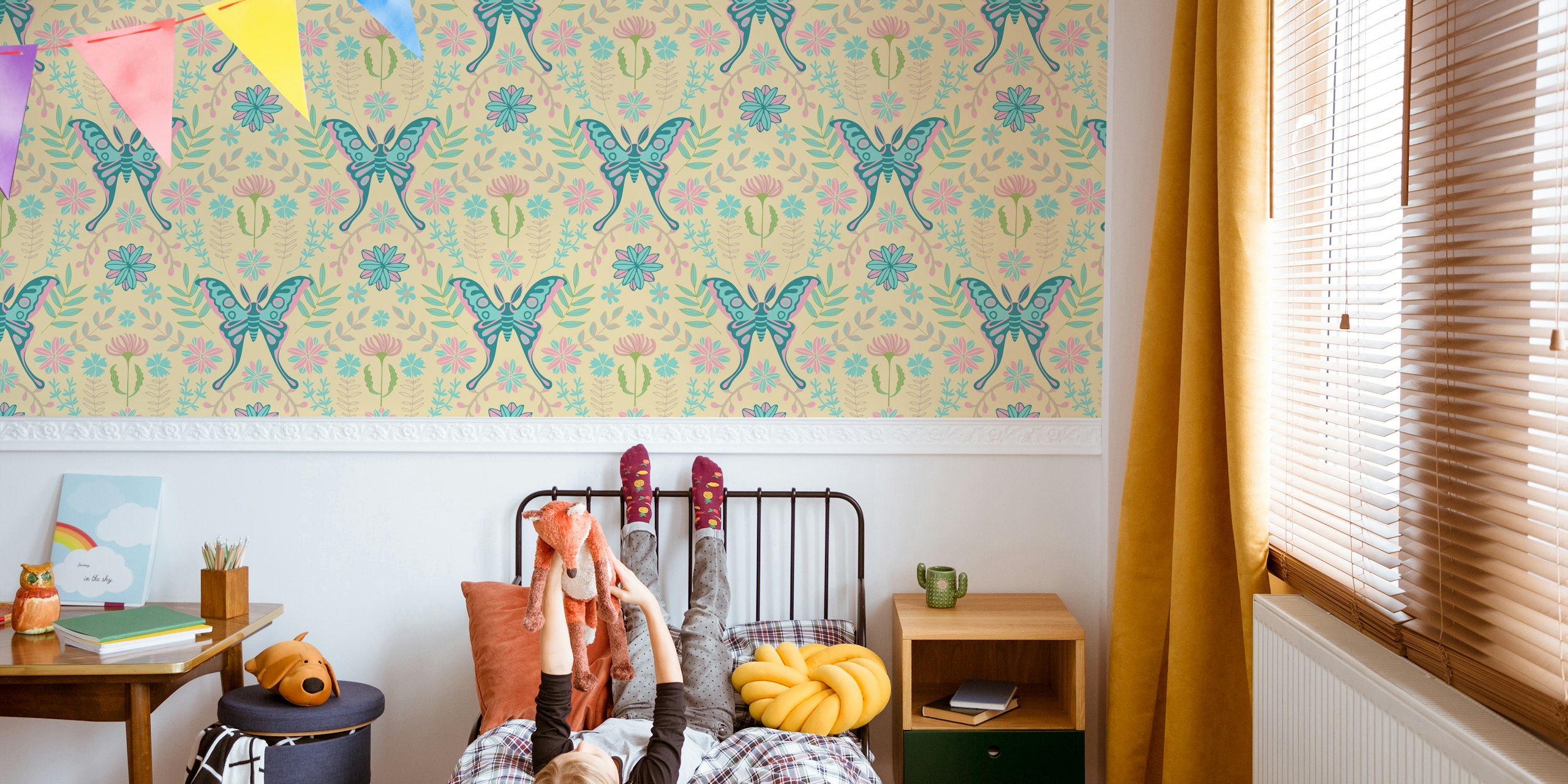 Luna Moth Butterfly Floral Wallpaper In A Room