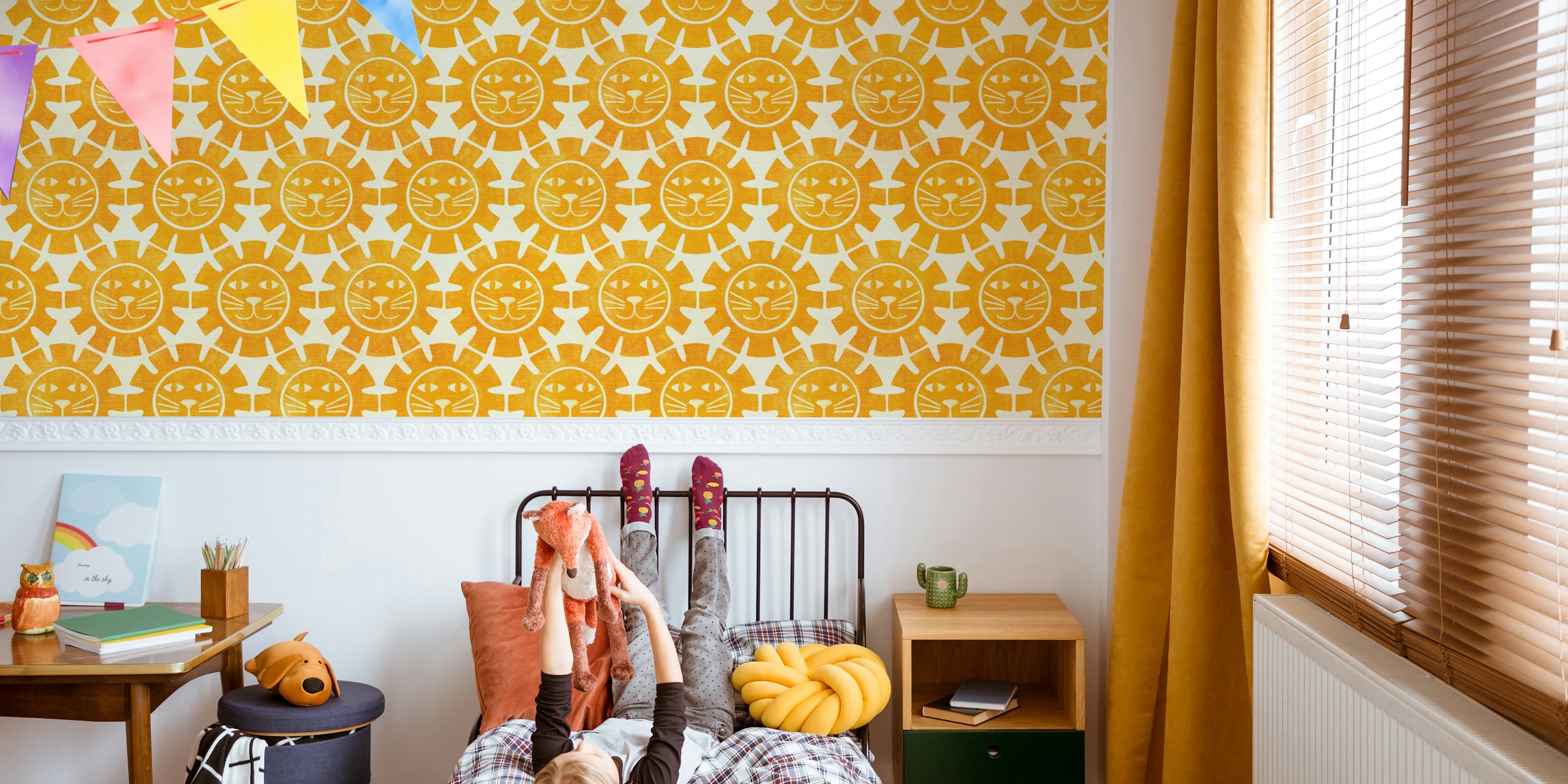 Geometric lion pattern in yellow and cream wallpaper