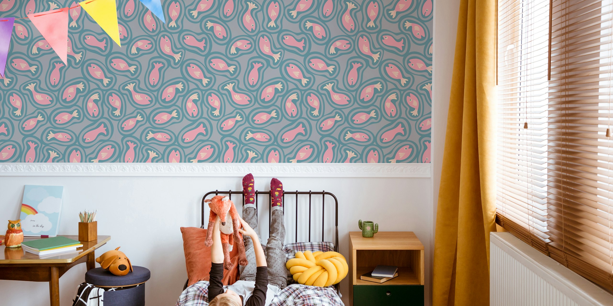 Papier peint Poisson Teeming Happy Cute Swimming Pink Pastel dans un cadre intérieur