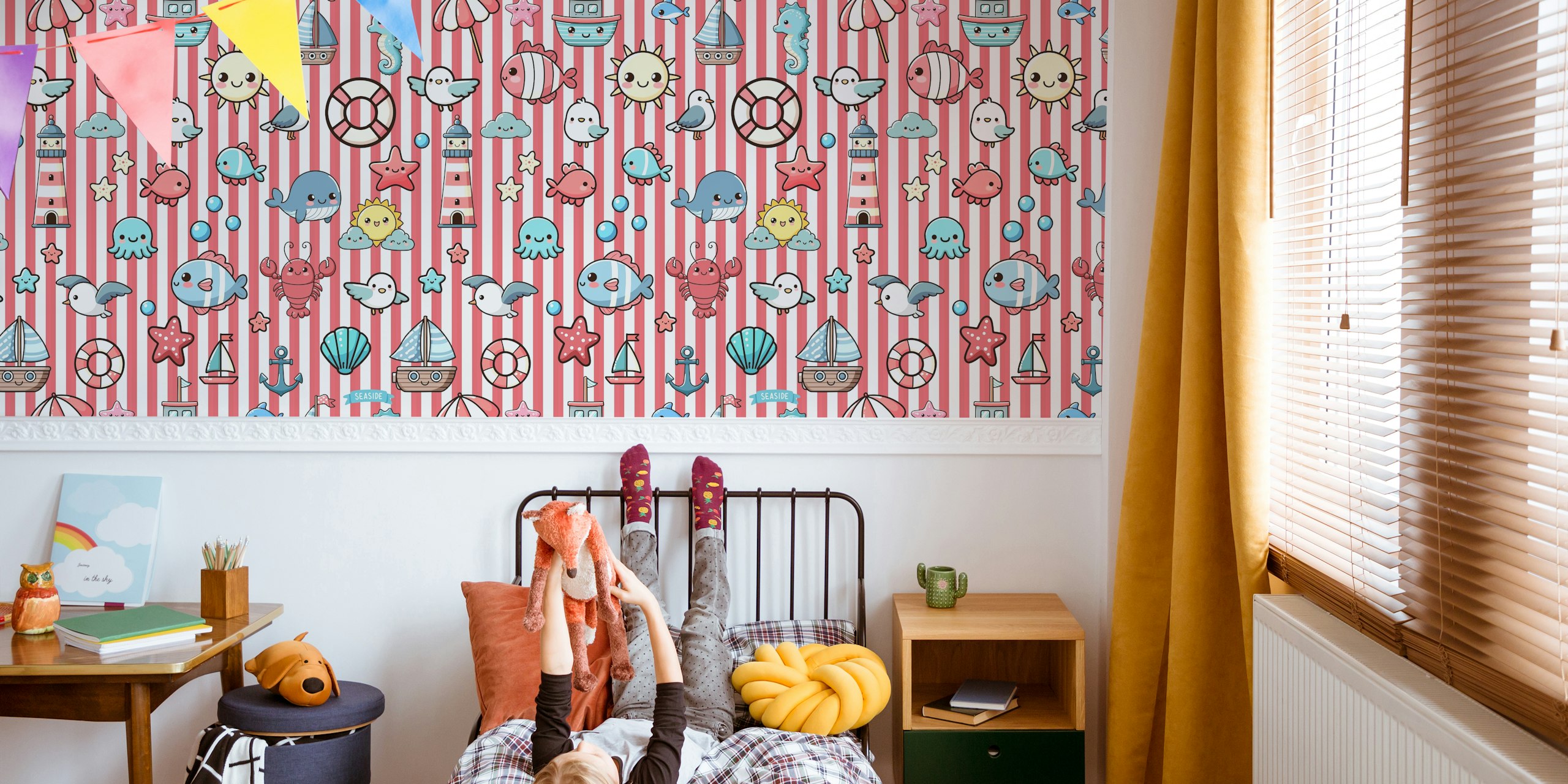 Kawaii sea pattern featuring colorful maritime elements against red stripes wallpaper