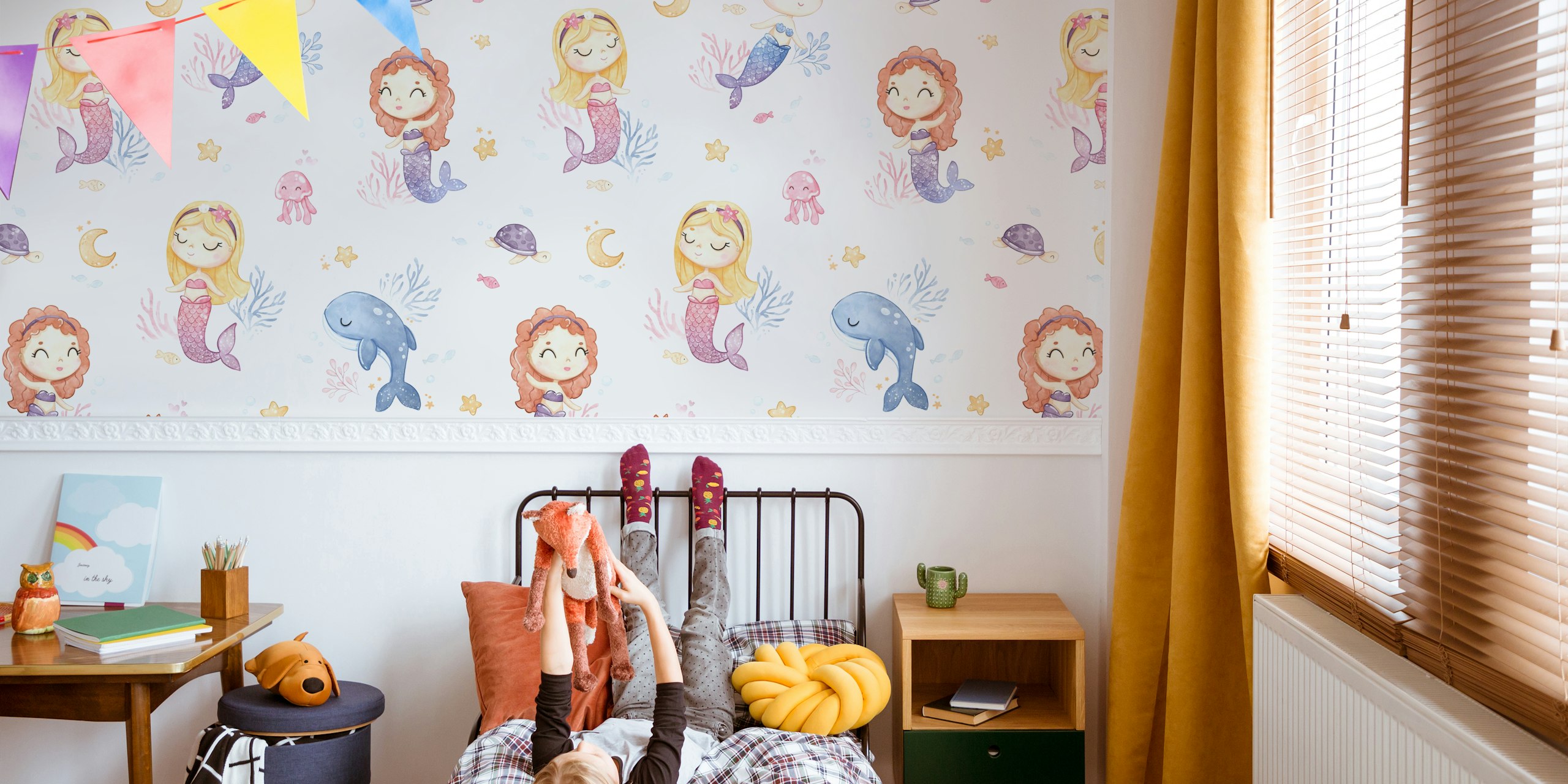 Cute mermaids, sea creatures, and seashells on white wallpaper