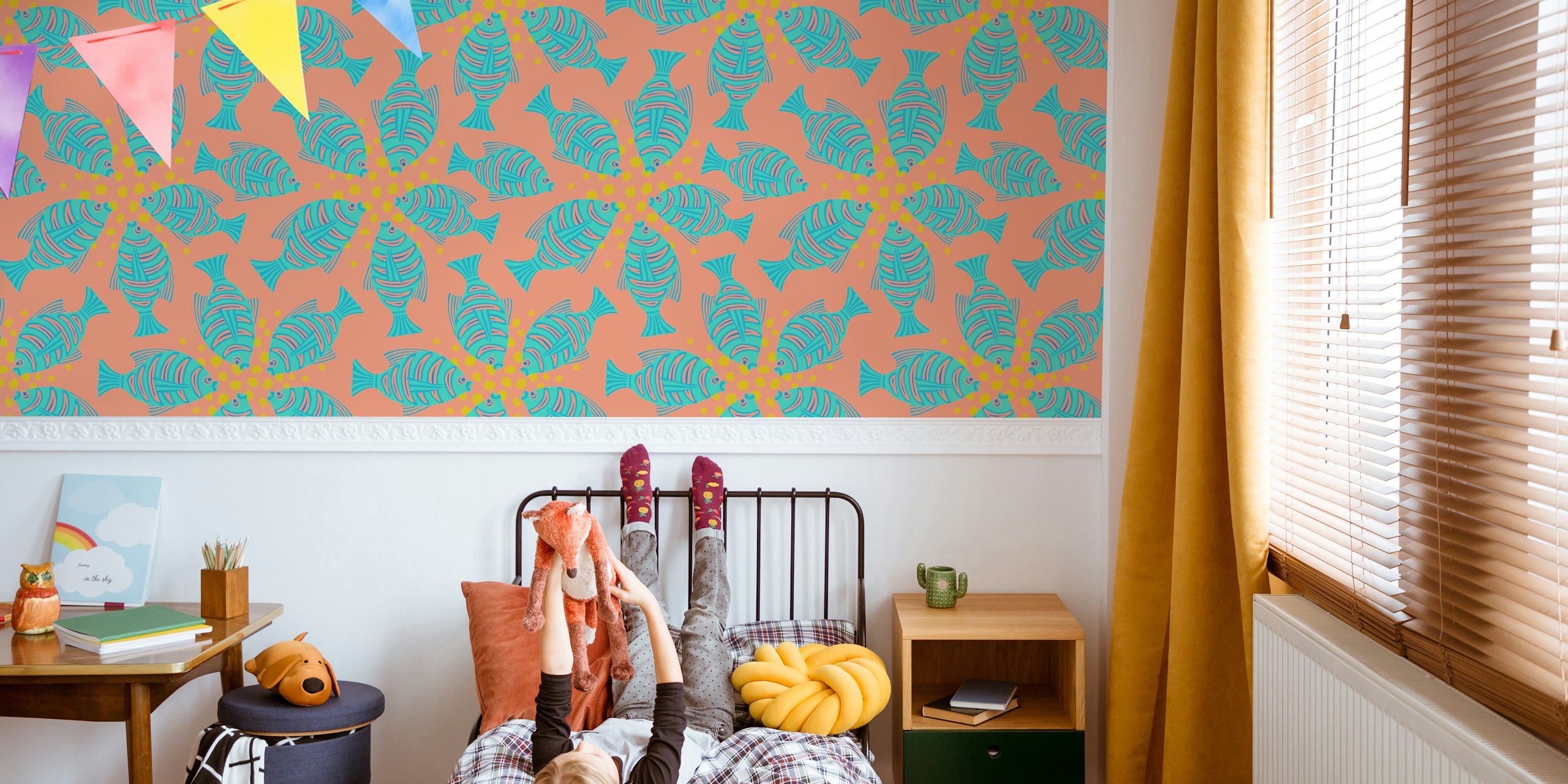 Tropical fish pattern turquoise and coral wallpaper