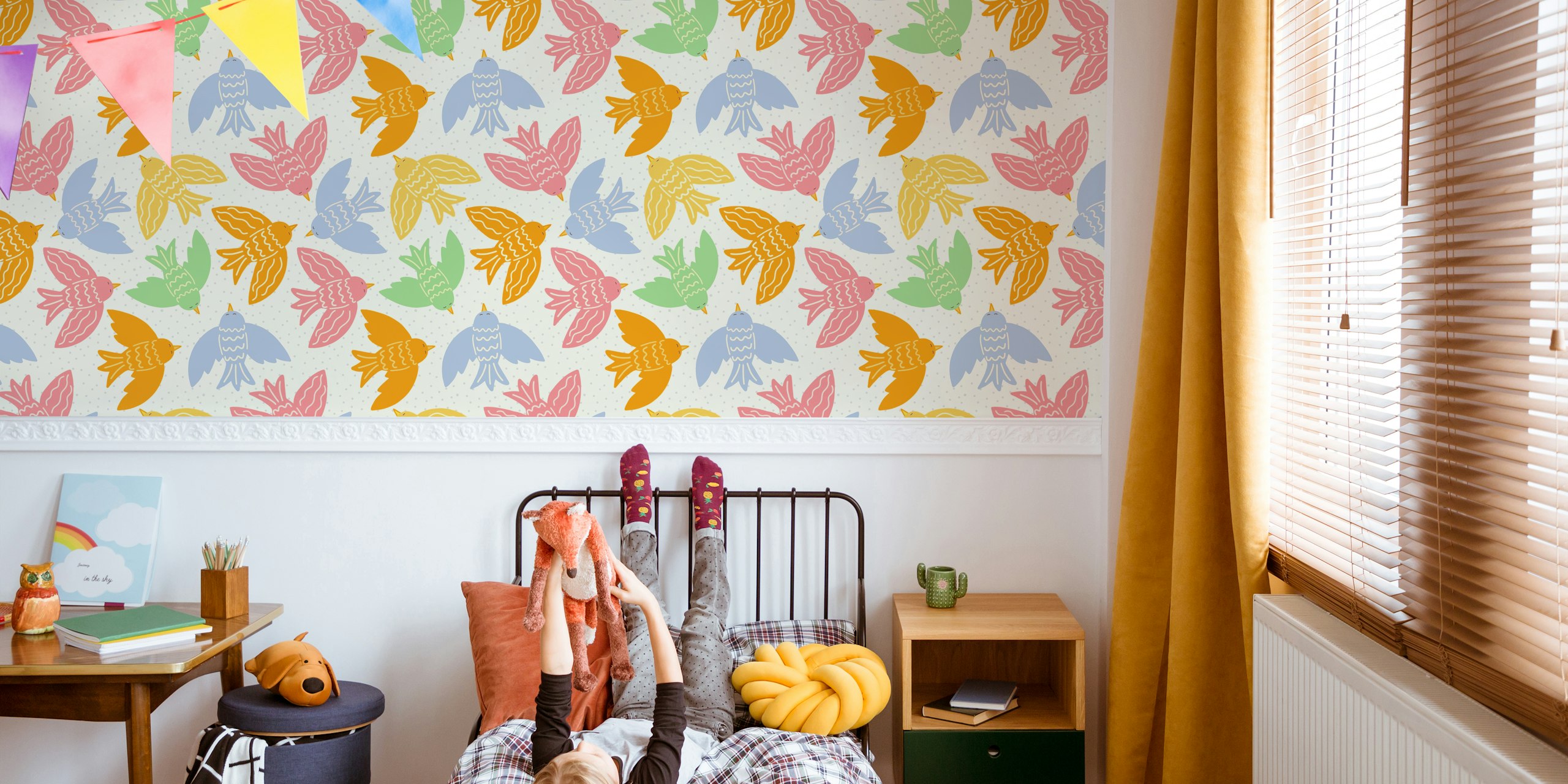 Colorful birds with pink, green, blue, yellow on cream background wallpaper