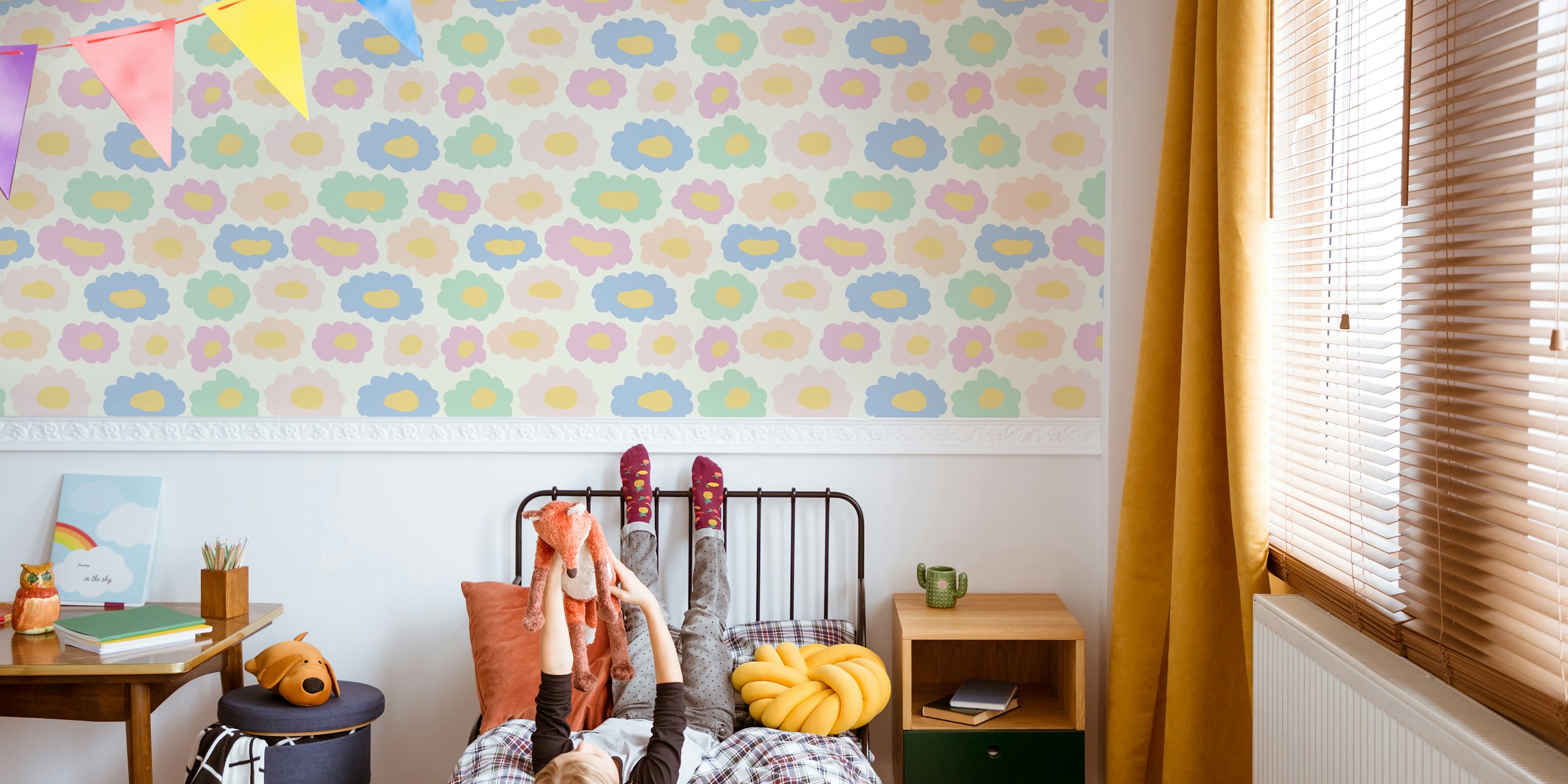 Colorful pastel clouds in pink, blue, green, and yellow wallpaper